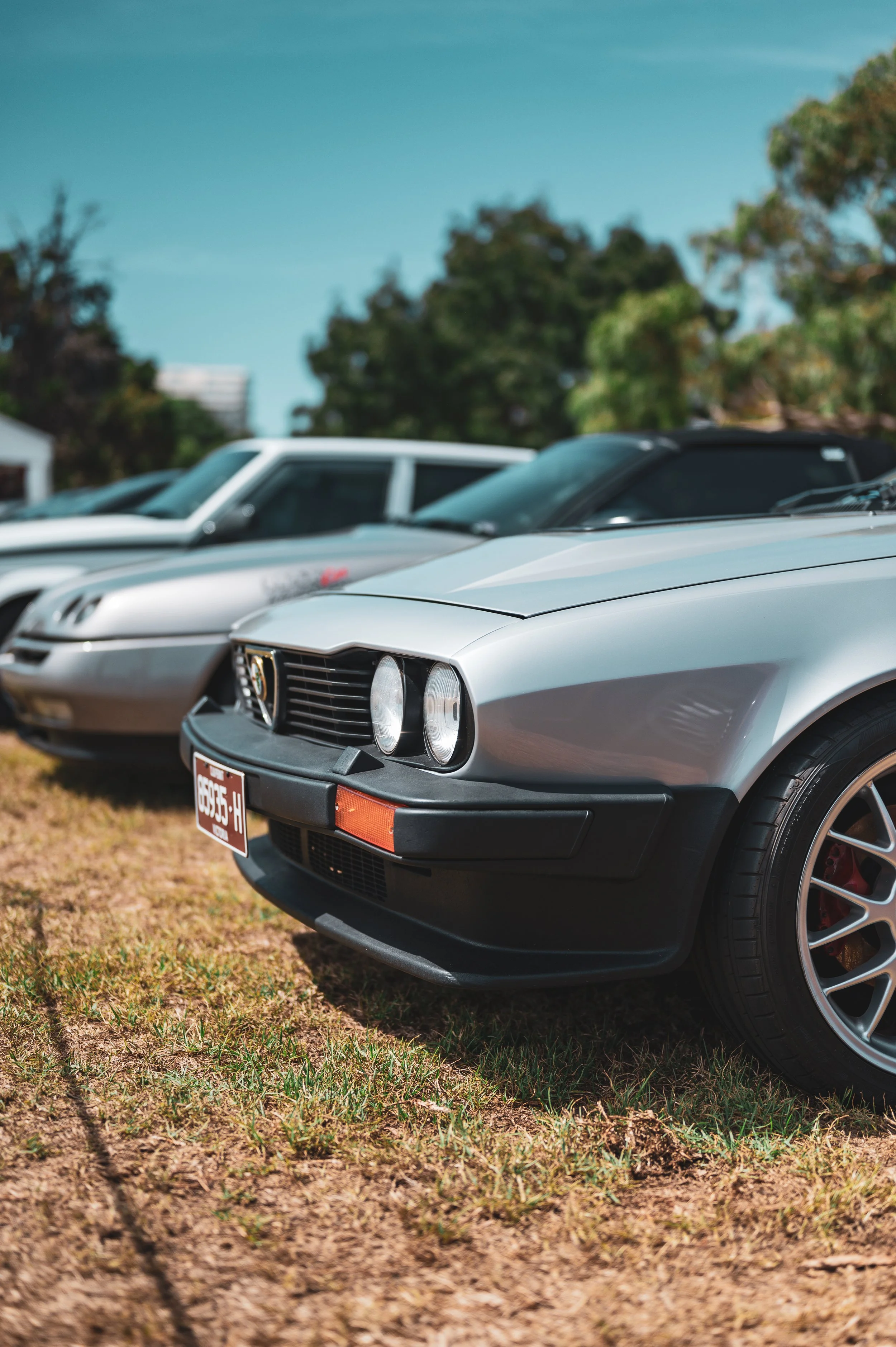 Close-up of classic silver sports car with black bumper, parked on grass, alongside other vintage cars in the background, under a blue sky with trees.