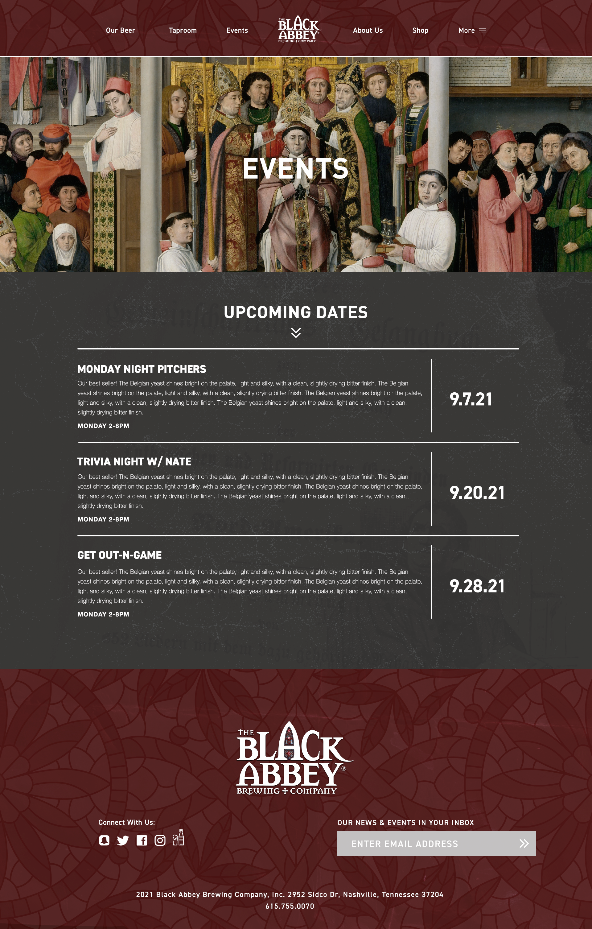 The webpage for Black Abbey Brewing & Company, featuring a heritage-style painting of medieval royalty and attendants at the top, with a dark background section below listing upcoming events on September 21, September 20, and September 28, 2021.