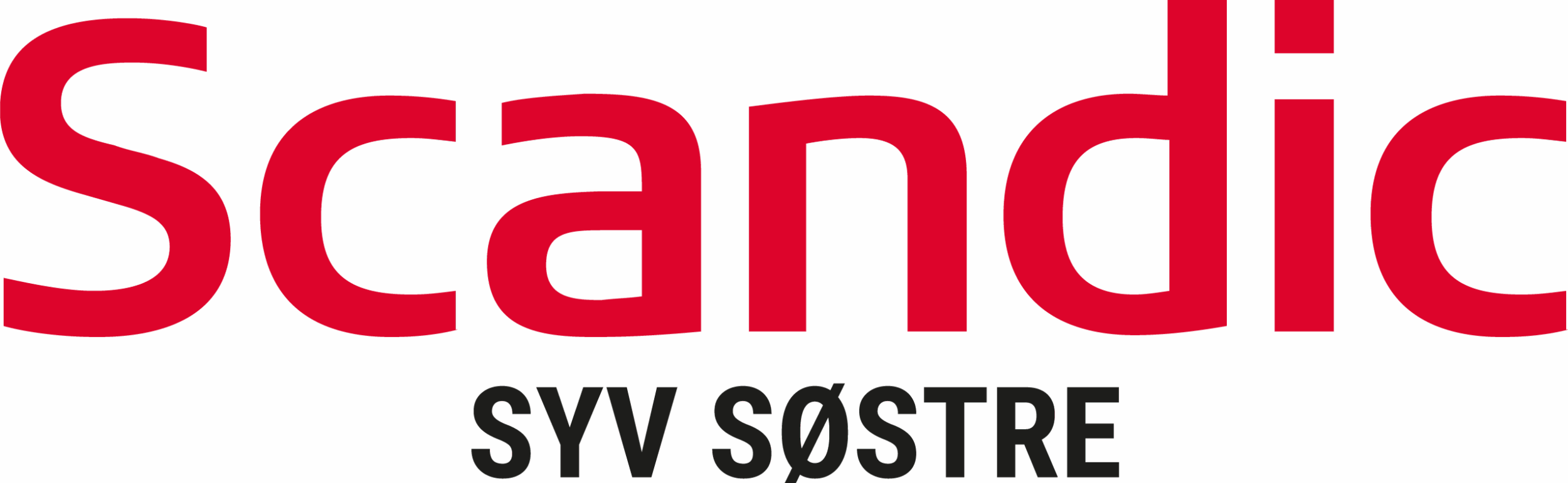 Logo for Scandic Syv Søstre med teksten "SCANDIC" i stor, rød skrift og "SYV SØSTRE" i mindre skrift under, på lys bakgrunn.