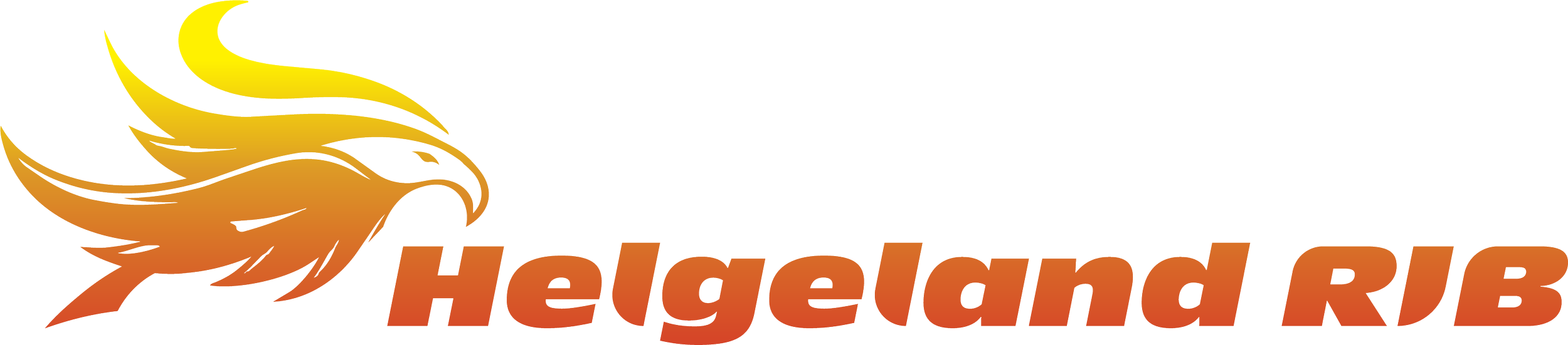 Logo for Helgeland RIB med en stylisert ørn i gull- og oransjetoner og teksten «Helgeland RIB» i oransje.