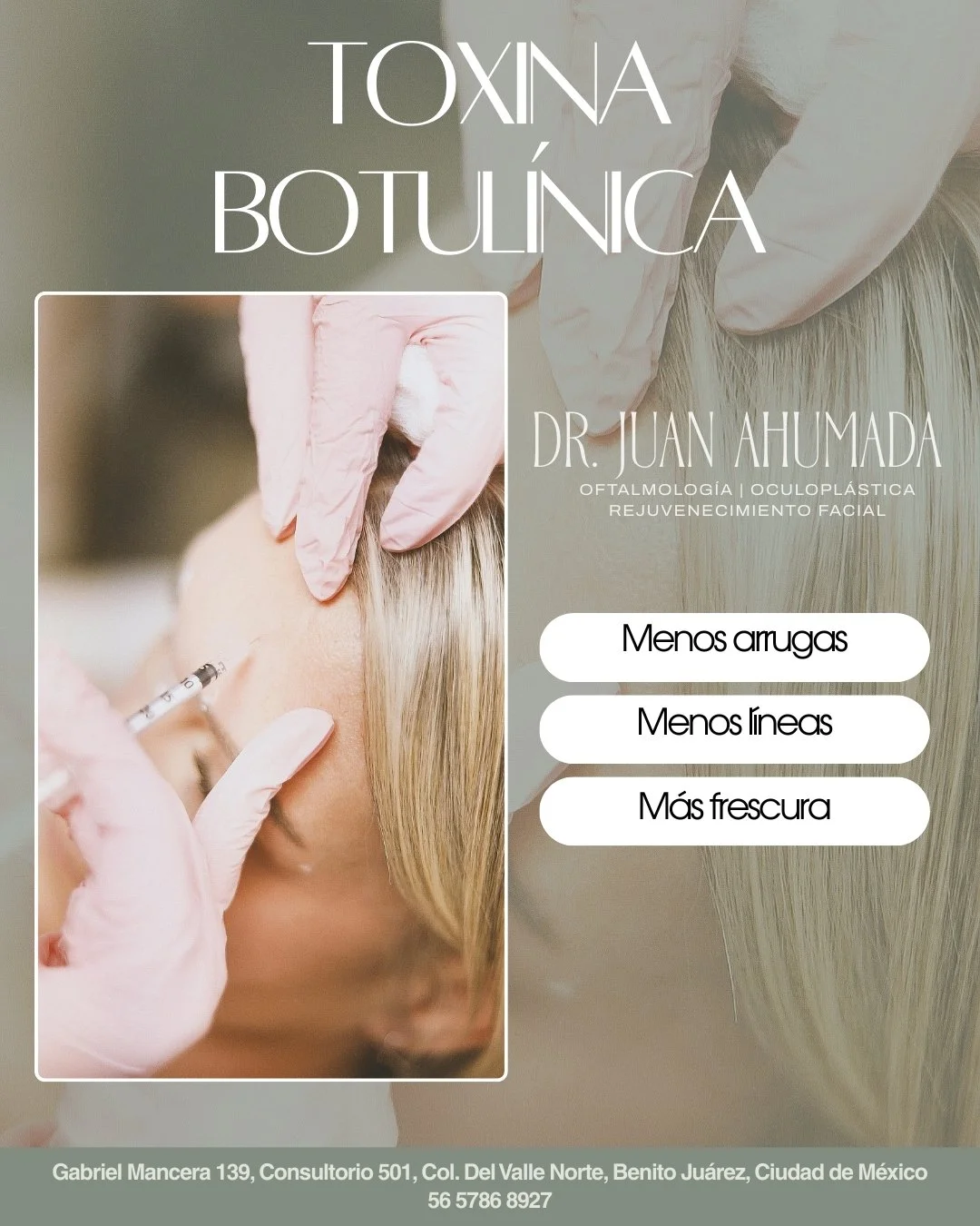 ⏳ Las arrugas no tienen que quedarse
💉 Relaja l&iacute;neas de expresi&oacute;n sin perder naturalidad
✨ Resultado: rostro fresco, descansado y elegante
📩 Agenda tu aplicaci&oacute;n hoy

☎️ Citas: 56 5786 8927
📍Gabriel Mancera 139, Piso 5, Consul
