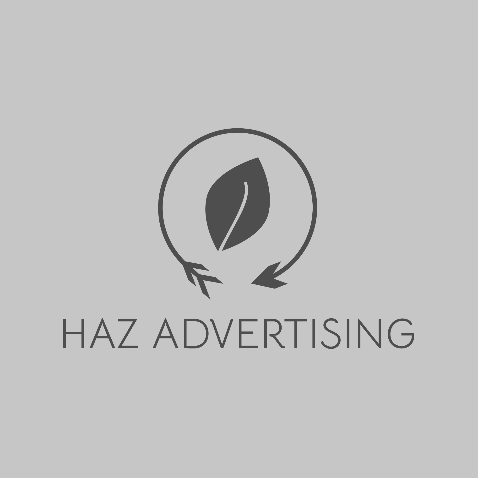 Gray logo with a leaf inside a circle, surrounded by two arrows forming a cycle, and the text "HAZ ADVERTISING" below.