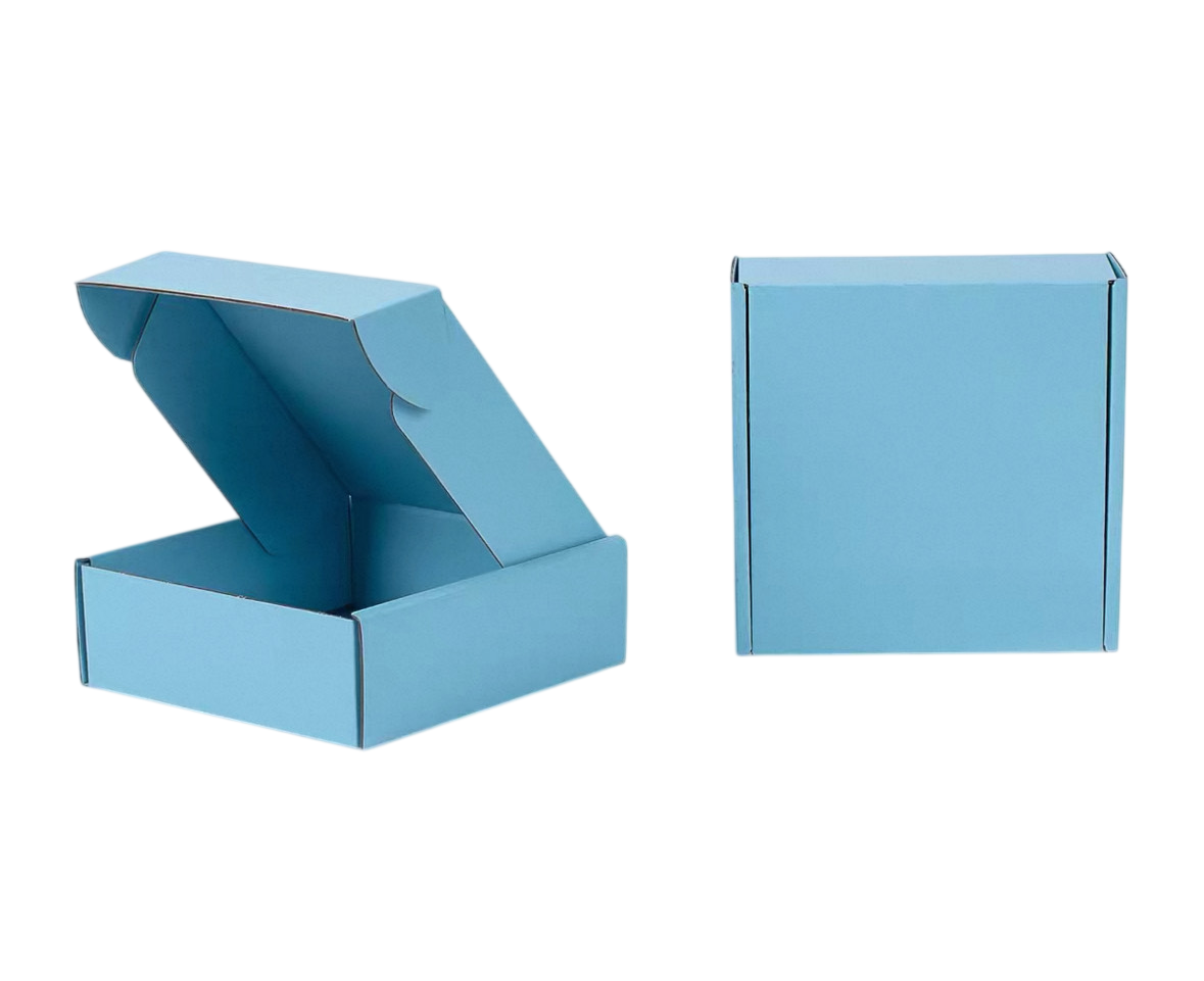 Light blue cardboard box with fold-up lid and matching cover.