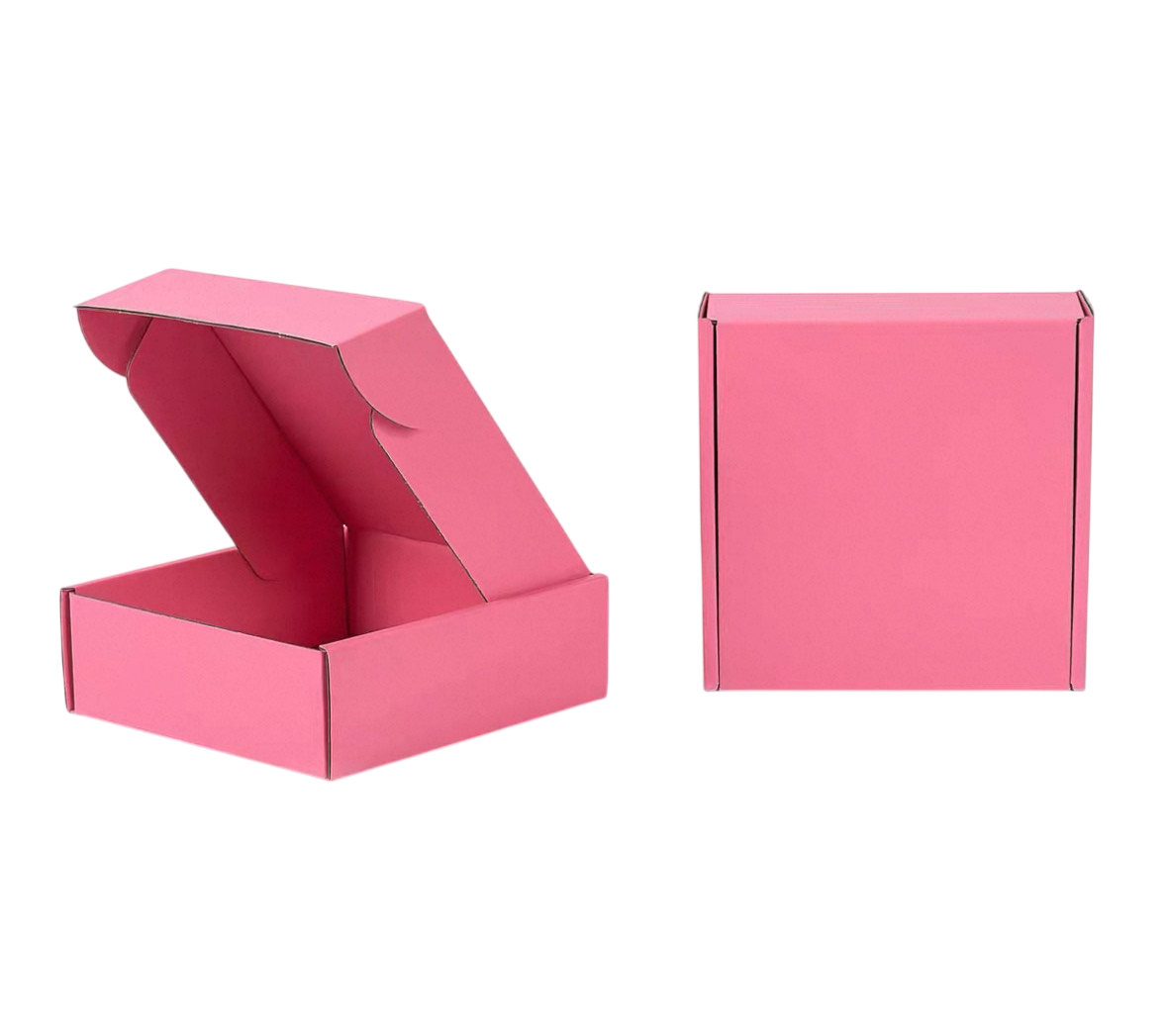 Pink cardboard box with a lid, shown both open and closed.