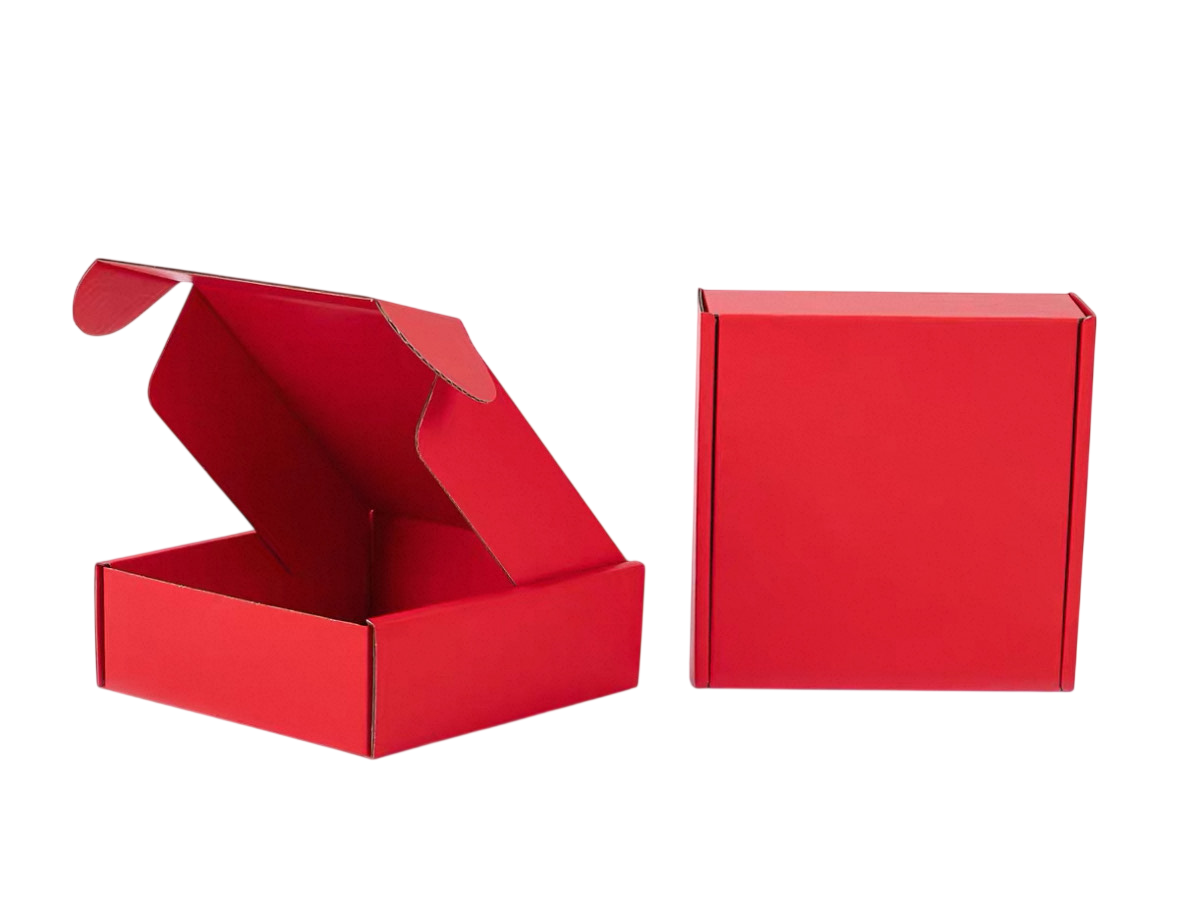 Open red gift box with lid to the right.