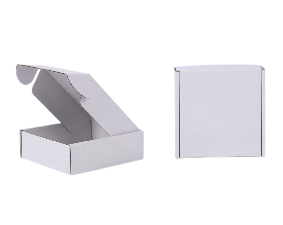 Empty white cardboard box with lid open and closed