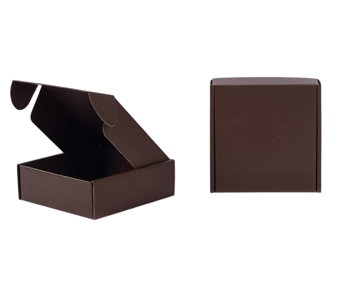 Empty brown cardboard box with lid open and closed box beside it.