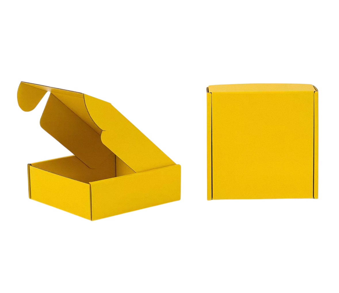 Yellow cardboard box with a hinged lid, shown open with the lid raised to reveal the interior, beside a closed yellow box.