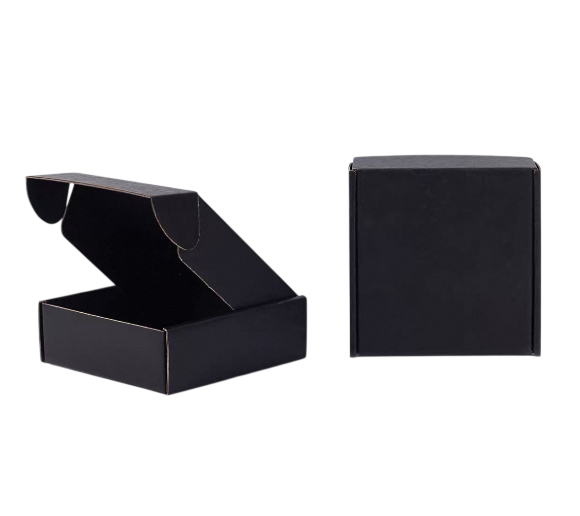 Black cardboard box with a removable lid, partially open, showing an empty interior, and a closed matching box beside it.