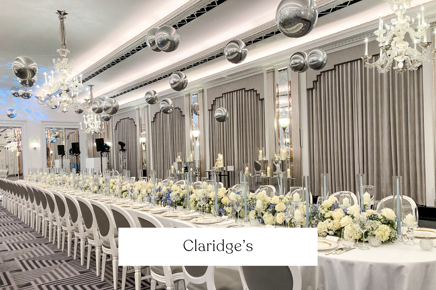 Claridge's Ballroom Silver balloon suspended over large table for corporate event or private party. 