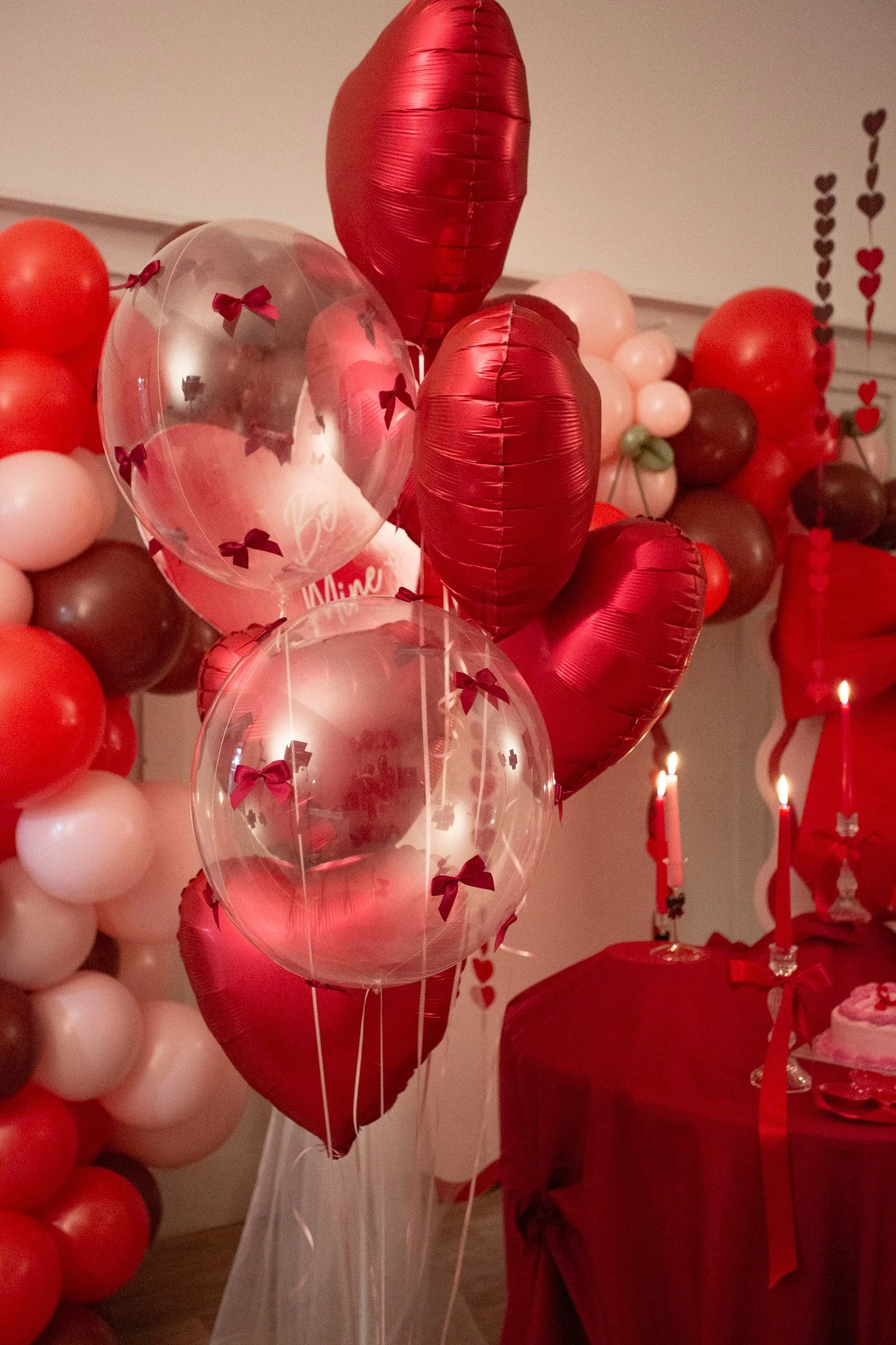 Red Bow Bubble Balloons &amp; Hearts Bunch
