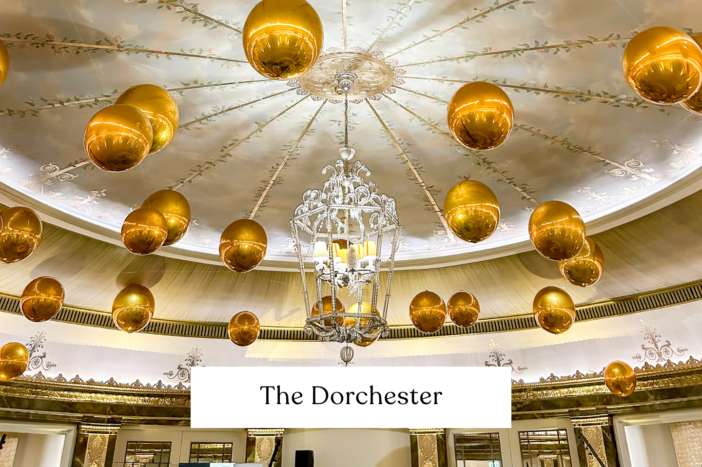 The Dorchester Hotel London, Suspended, floating gold orb balloons on the ceiling. 