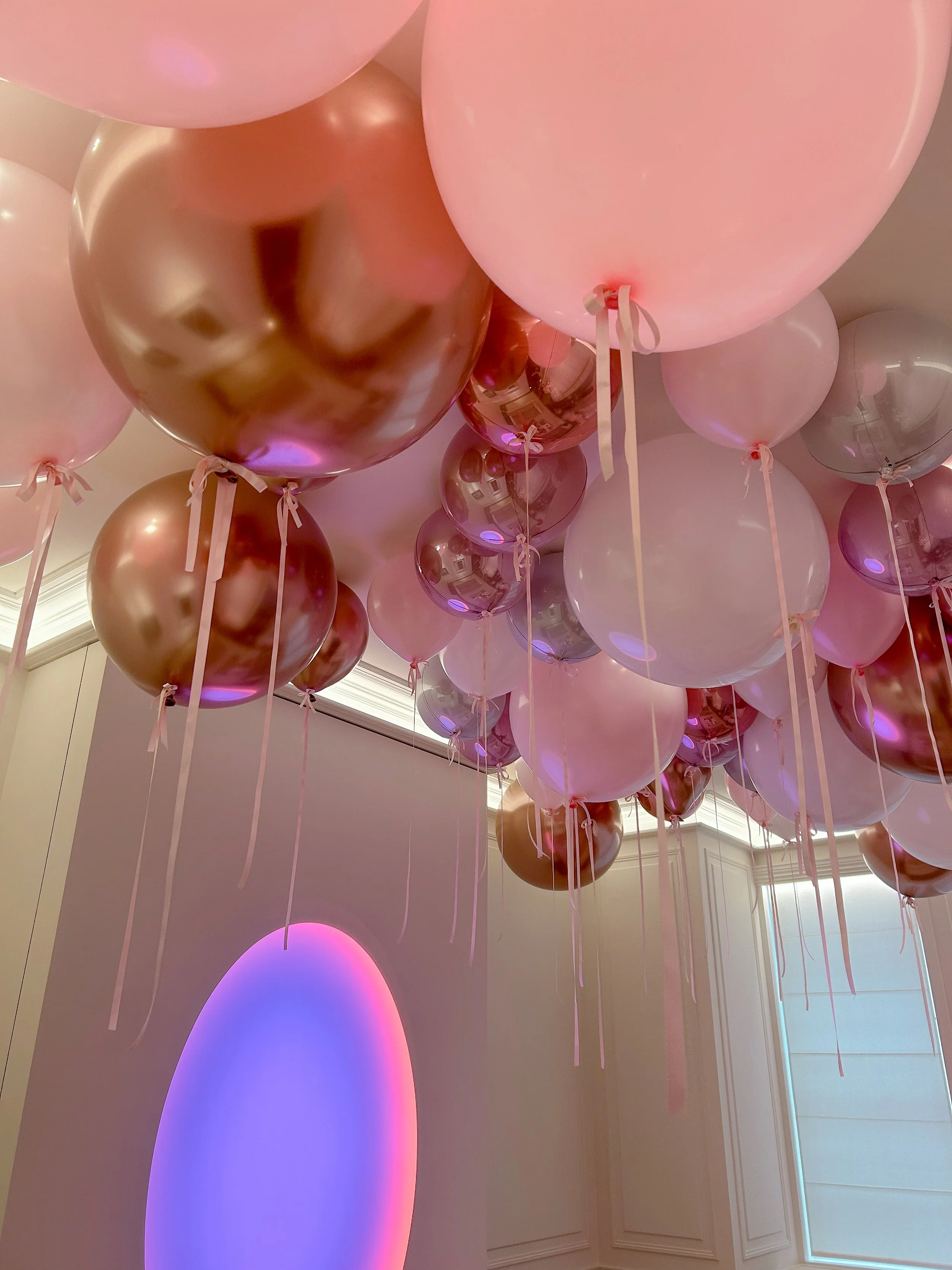 Leyla's Birthday - Rose gold / pink bows ribbon ceiling installation