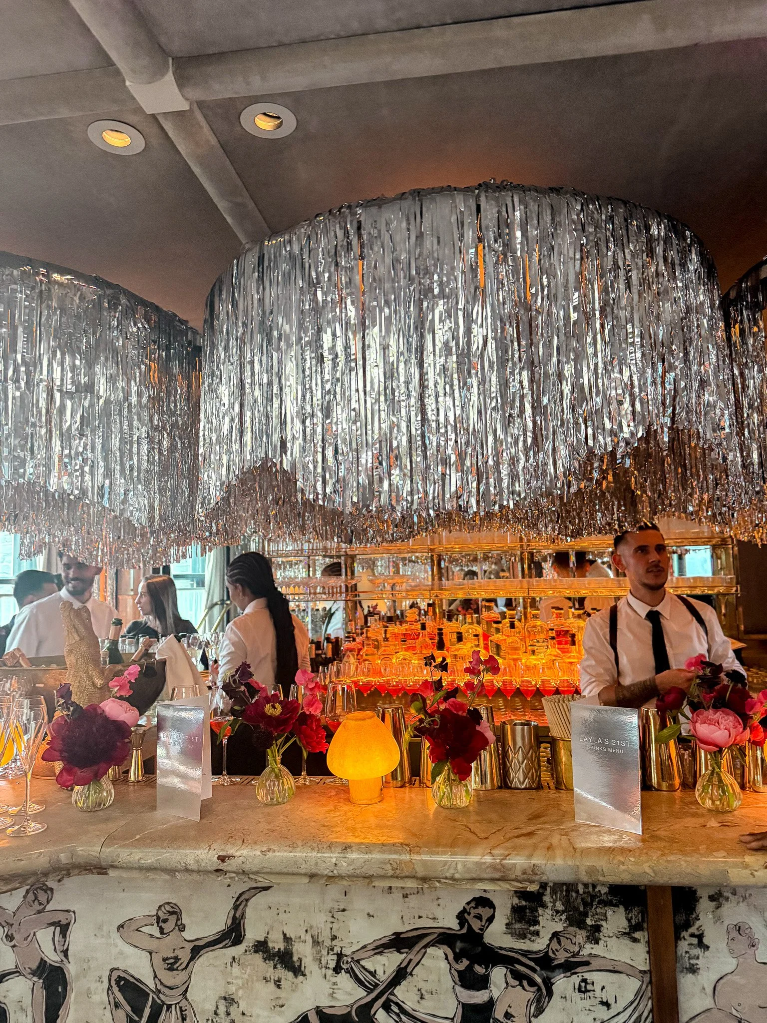 Studio 54 Silver Plume Tassel Chandelier Foil Ceiling Installations