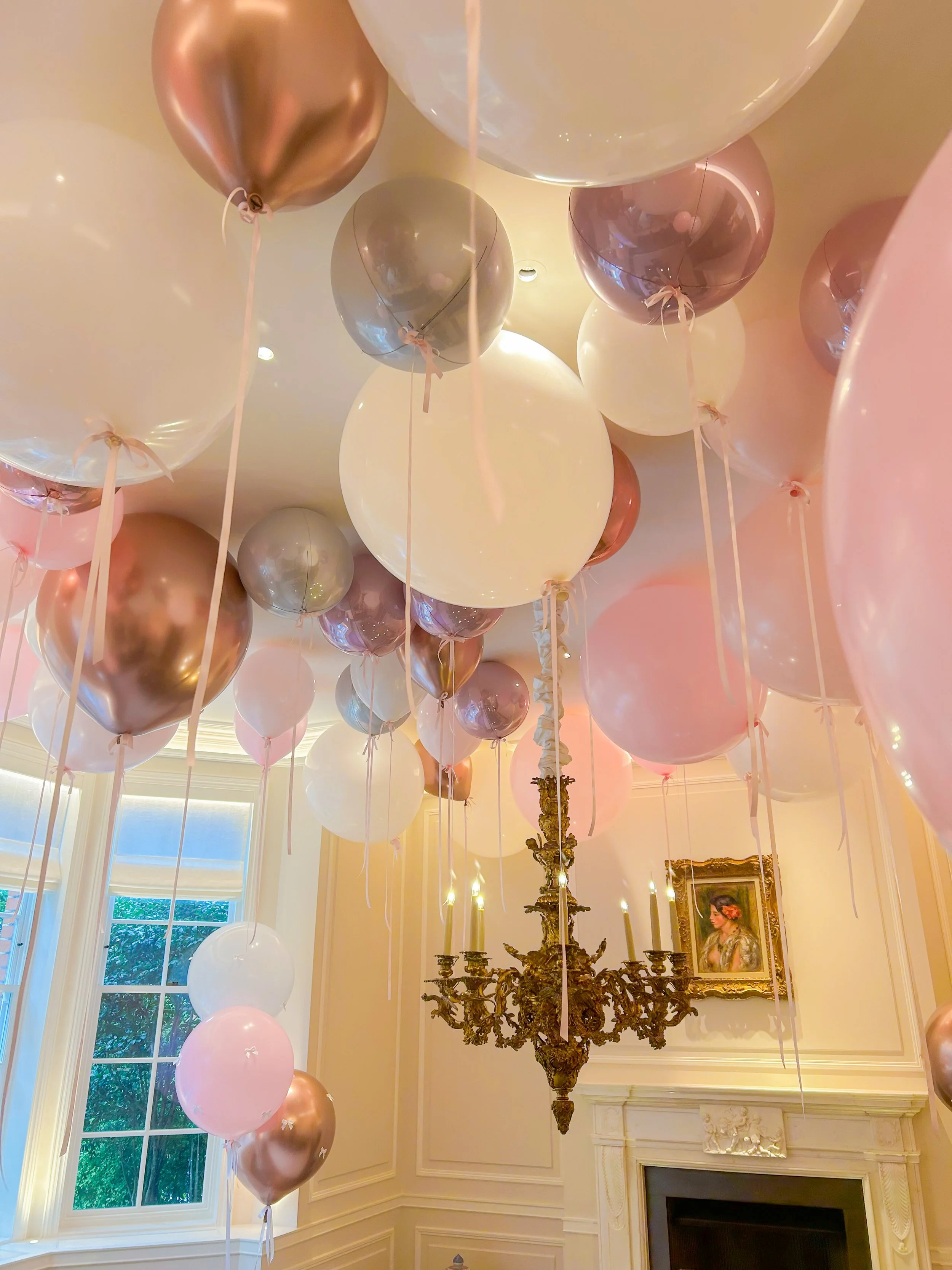 Leyla's Birthday - Rose gold / pink bows ribbon ceiling installation