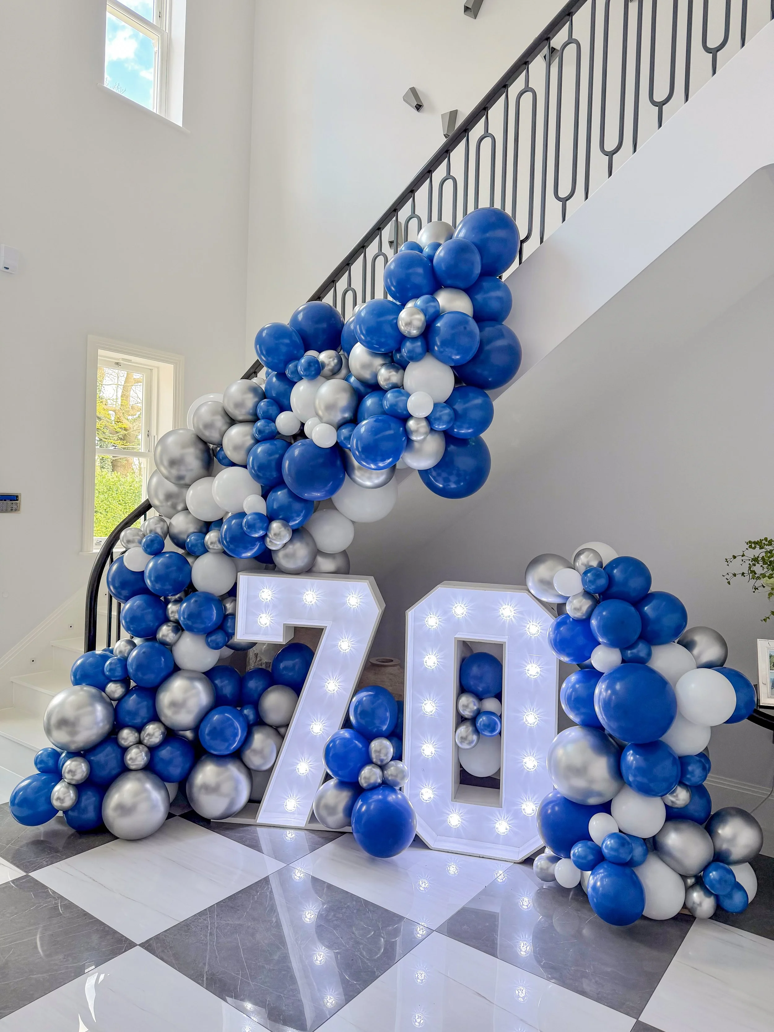 70th Birthday Private Party Staircase Garland & Light Up Numbers