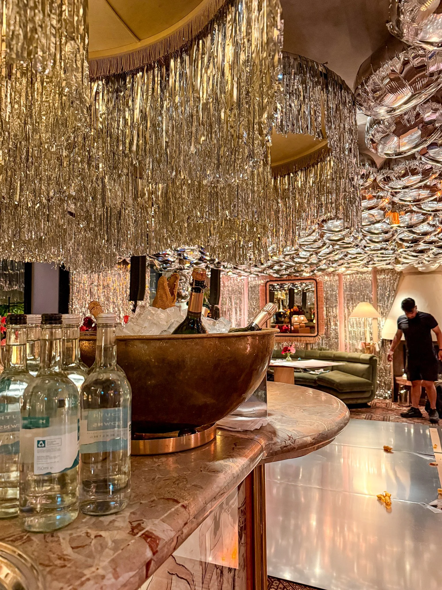 Studio 54 Silver Plume Tassel Chandelier Foil Ceiling Installations