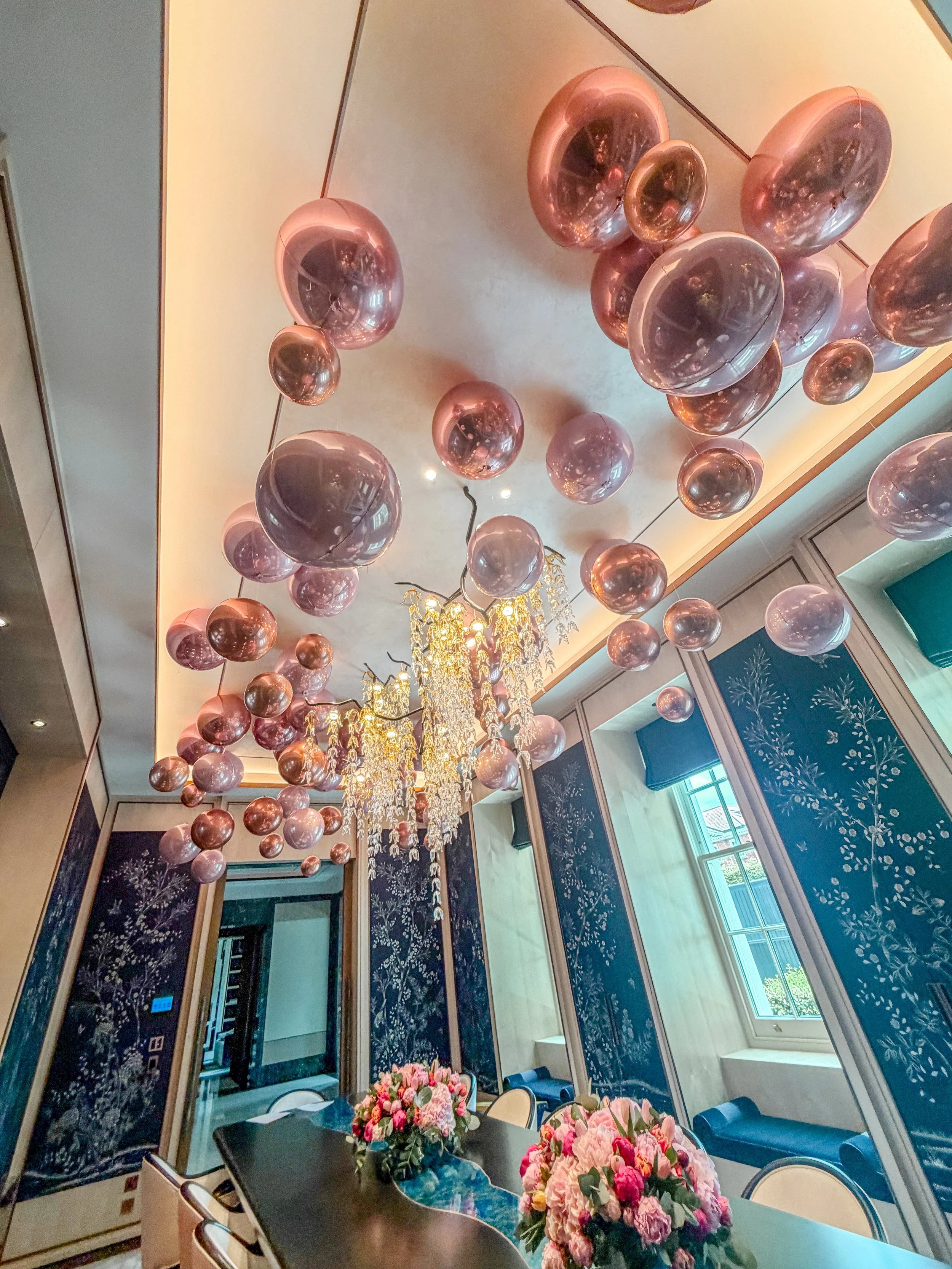 Rose Gold Dripping Orb Lines Ceiling Display Birthday Dinner