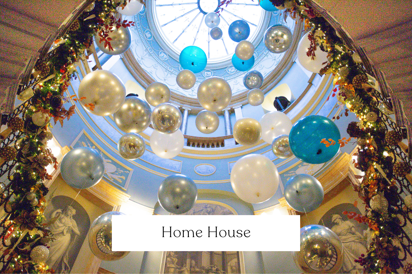 Home House, London. Suspended Staircase / ceiling for bespoke New Year's Eve party. Blue, silver, white for the celebrations.