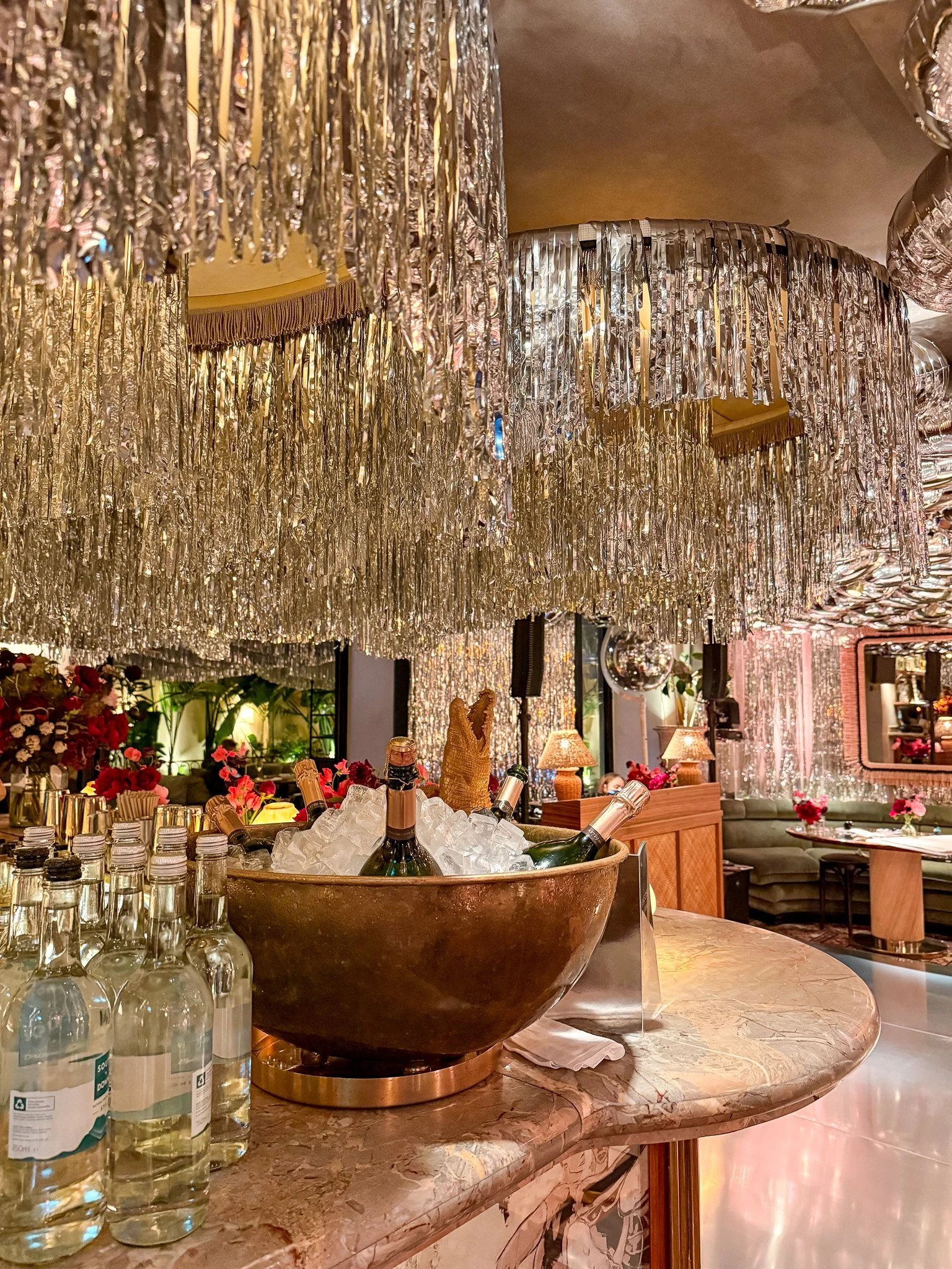 Studio 54 Silver Plume Tassel Chandelier Foil Ceiling Installations
