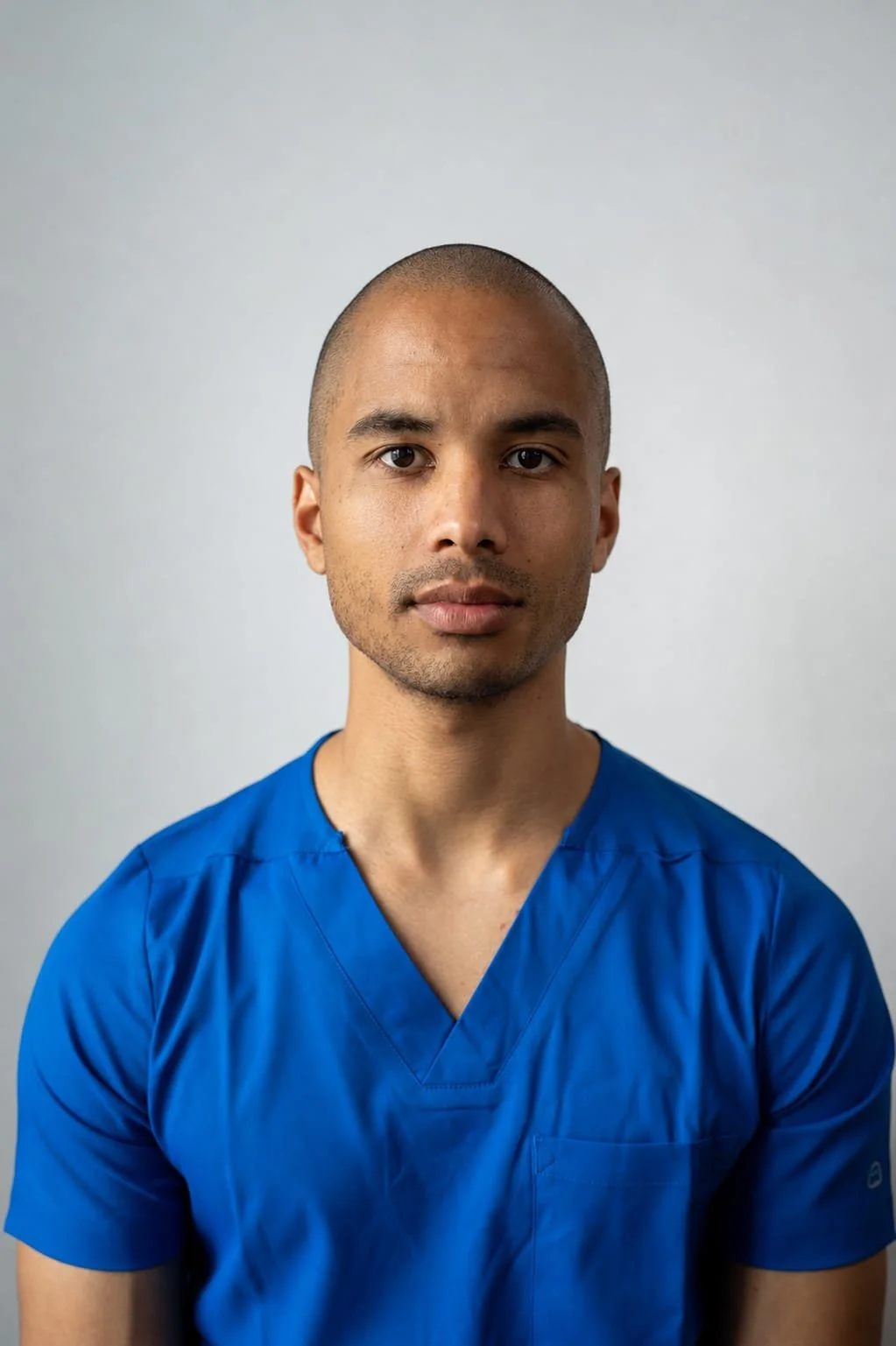 Portrait of a man with a shaved head wearing blue medical scrubs against a plain light gray background.
