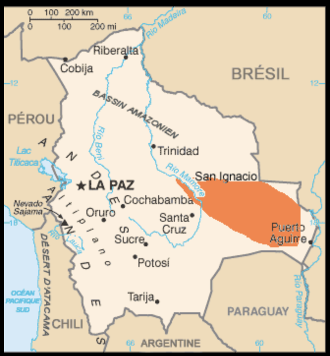Carte du Pérou montrant la région d'Amazonie, avec la zone de Puerto Aguirre en orange et la rivière Río Napo.