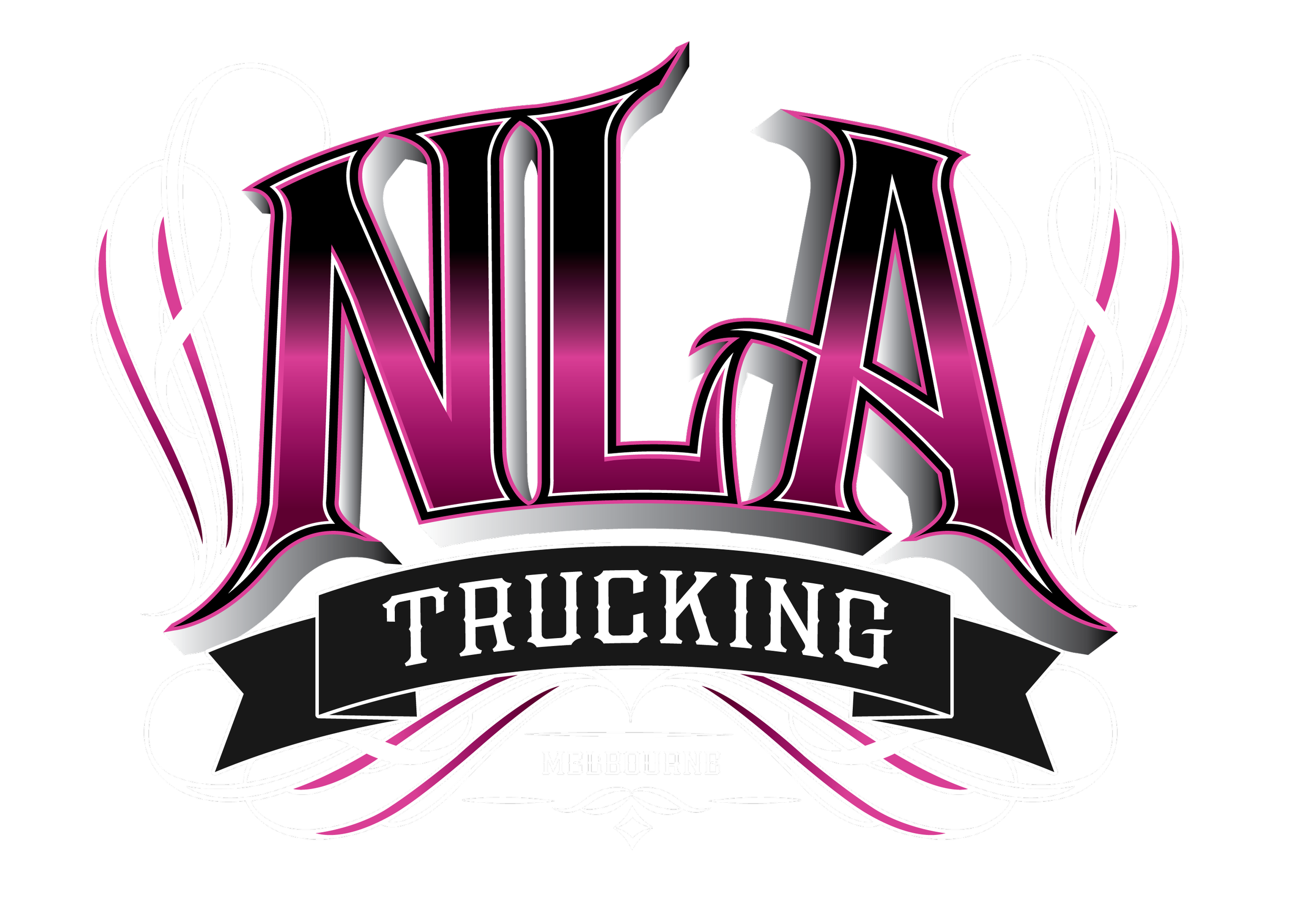 Logo for NILS Trucking Melbourne featuring stylized purple and white text with decorative lines on a black background.