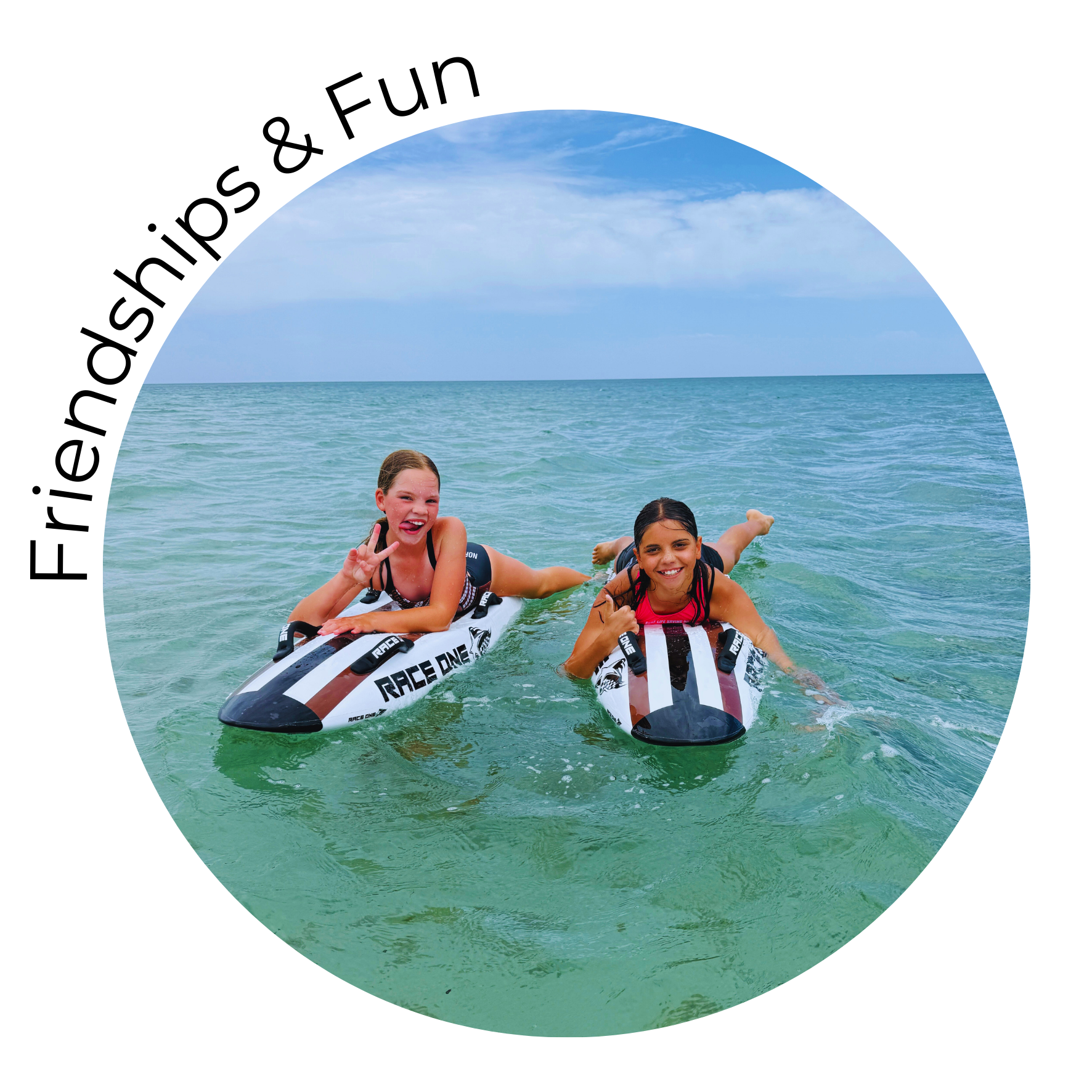 Two girls are lying on their stomachs on surfboards in the shallow water at the beach, smiling and making peace signs with their hands. The sky is partly cloudy, and the ocean extends into the horizon.