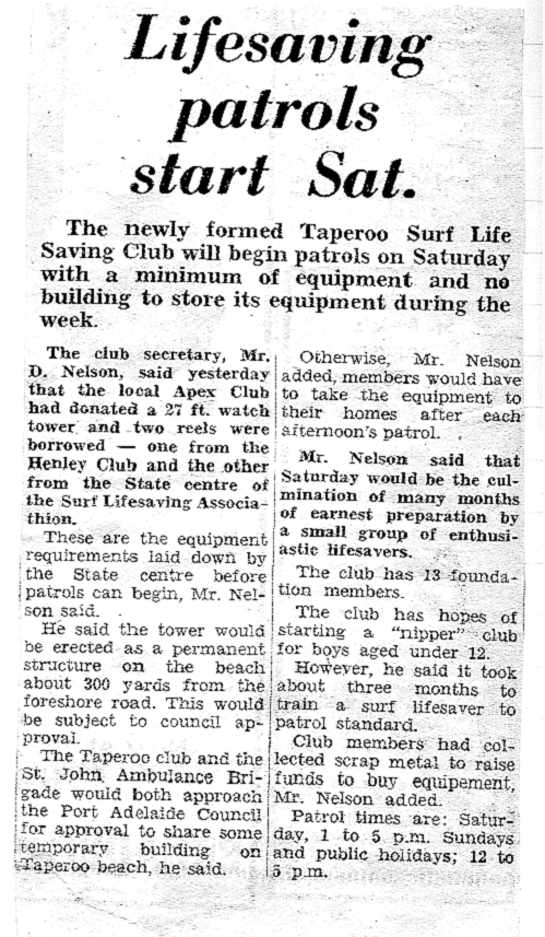 A newspaper article titled "Lifesaving patrols start Sat." about the Taperoo Surf Life Saving Club beginning patrols with minimal equipment, mentioning the club's equipment needs, the club's goals, and patrol schedule.
