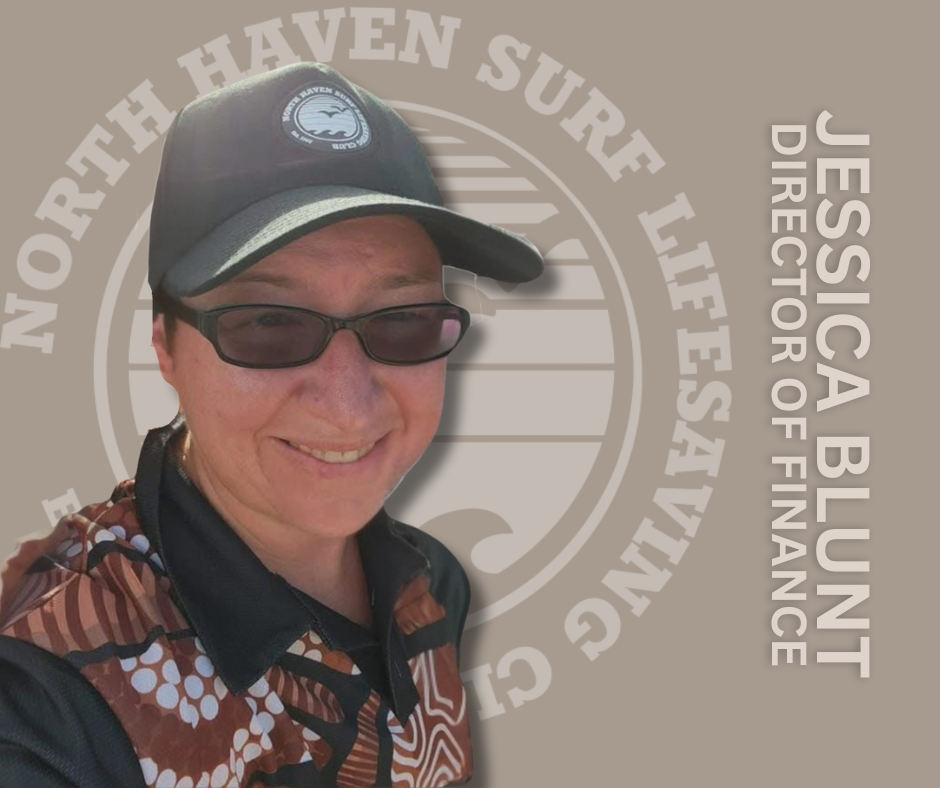 A smiling woman wearing sunglasses and a baseball cap, taking a selfie in front of a logo for the North Shore Livelihood Foundation. The background features text reading "Jessica Blunt Director of Finance" and the foundation's name.
