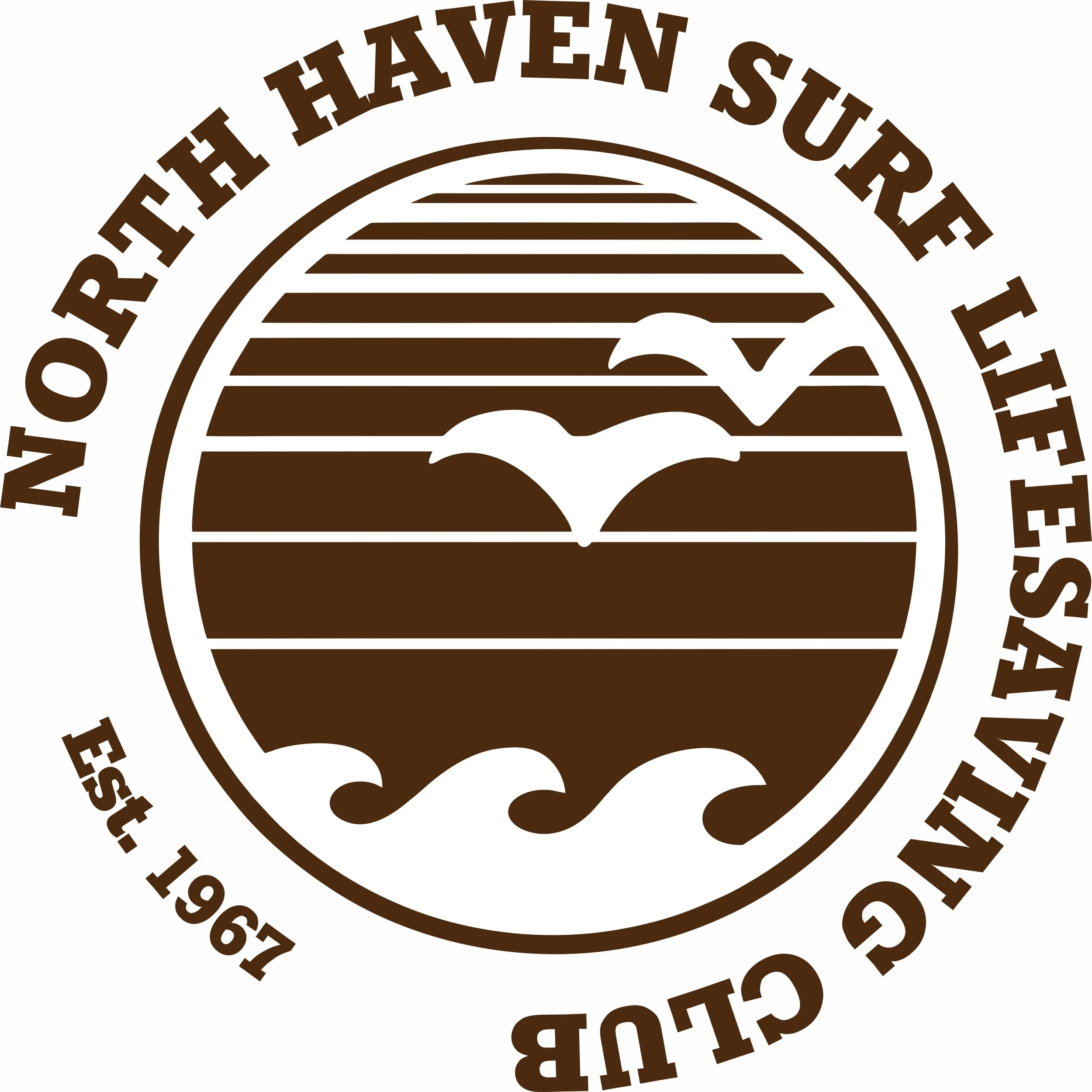 Seal emblem with text 'North The Haven Shore Living Club Est. 1967' surrounding a stylized image of seagulls flying over water.