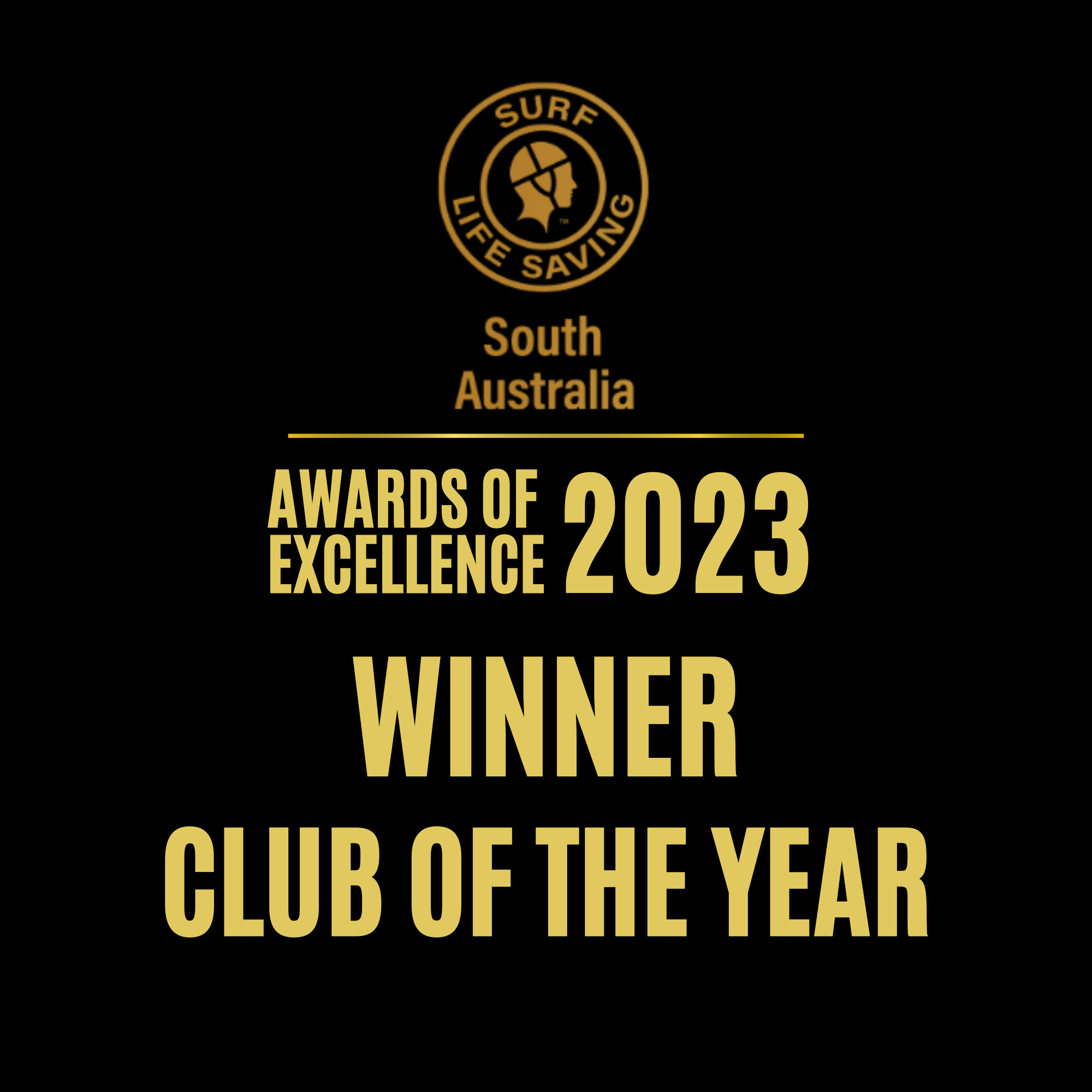 Award certificate from South Australia Surf Life Saving for the 2023 Club of the Year, with a black background and gold text.
