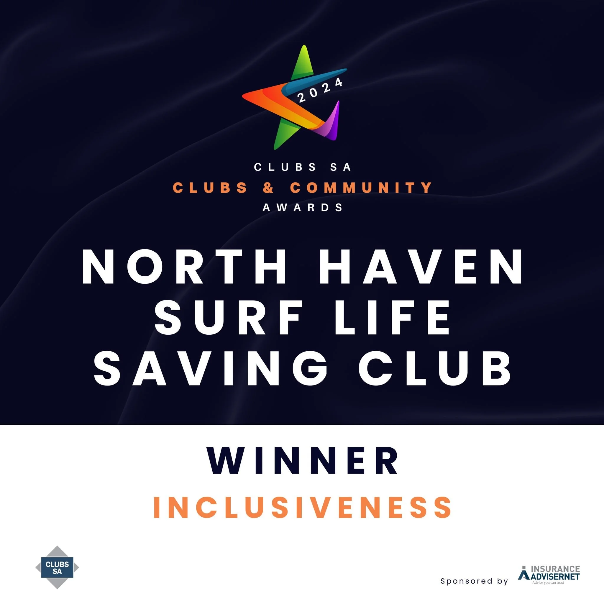 Award certificate from the 2024 Clubs SA Clubs & Community Awards, recognizing North Haven Surf Life Saving Club as the winner in the Inclusiveness category, with colorful logo at the top and sponsor information at the bottom.