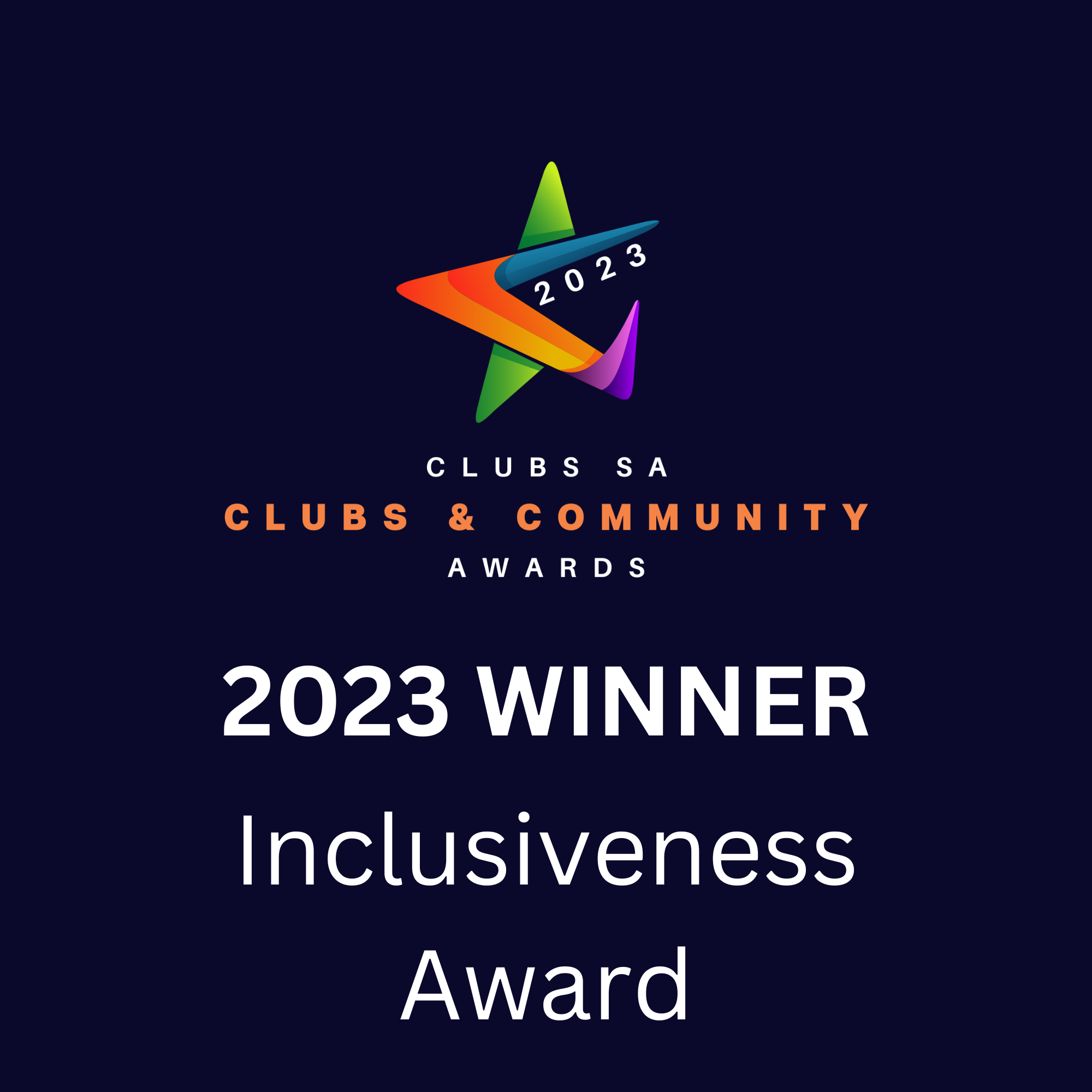 Logo for the 2023 Clubs SA Awards with a colorful star and text indicating the winner of the Inclusiveness Award.