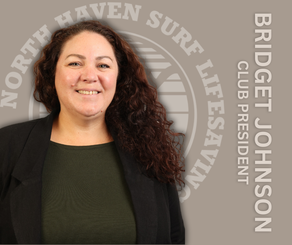 Portrait of Bridget J. Johnson, Club President, in front of a gray background with the North Haven Surf Life Saving Club logo and text.