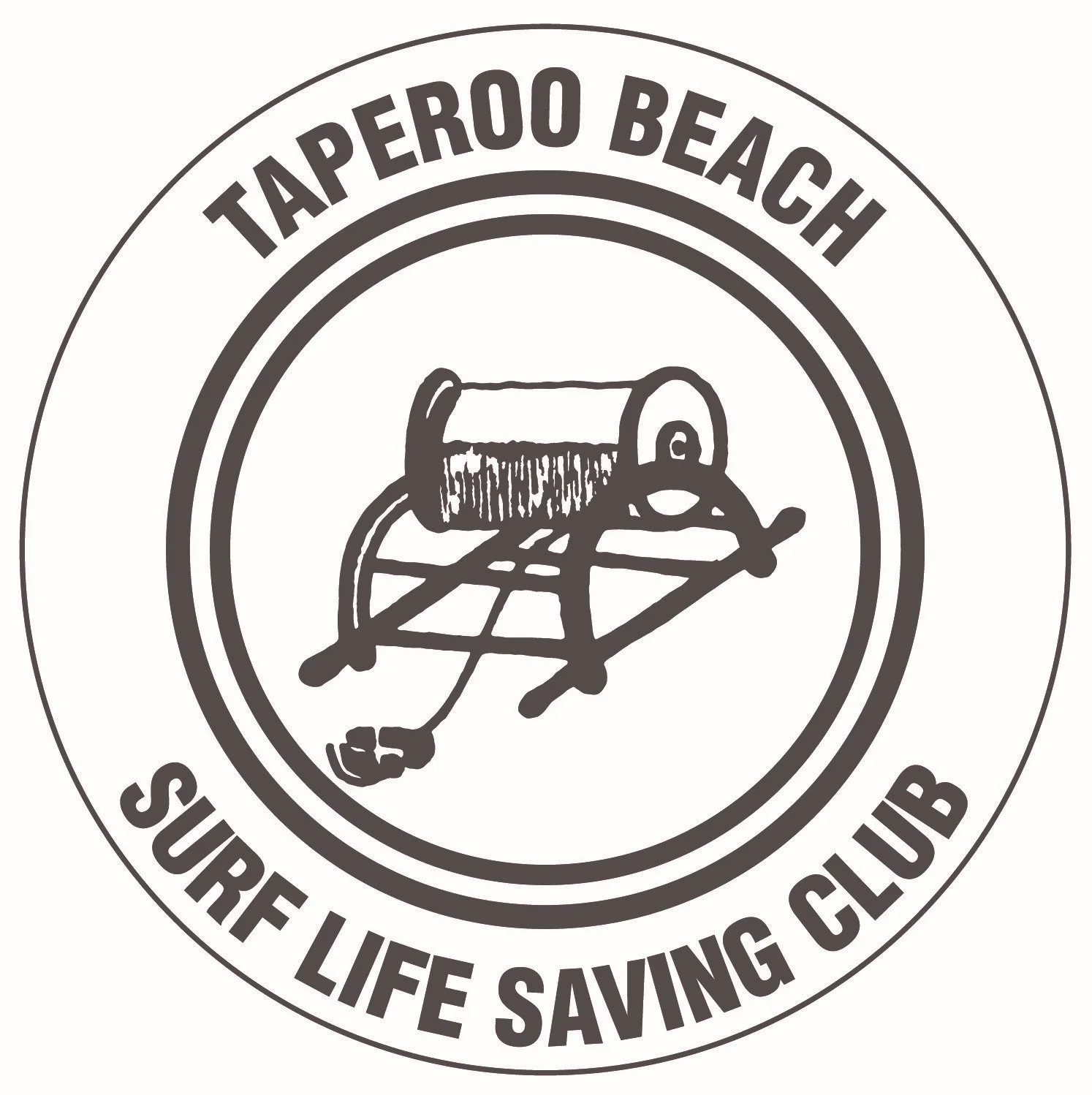 Logo for Taperoo Beach Surf Life Saving Club featuring a rescue board, a rolled towel, and an inflatable flotation device, with the club's name encircling the graphics.