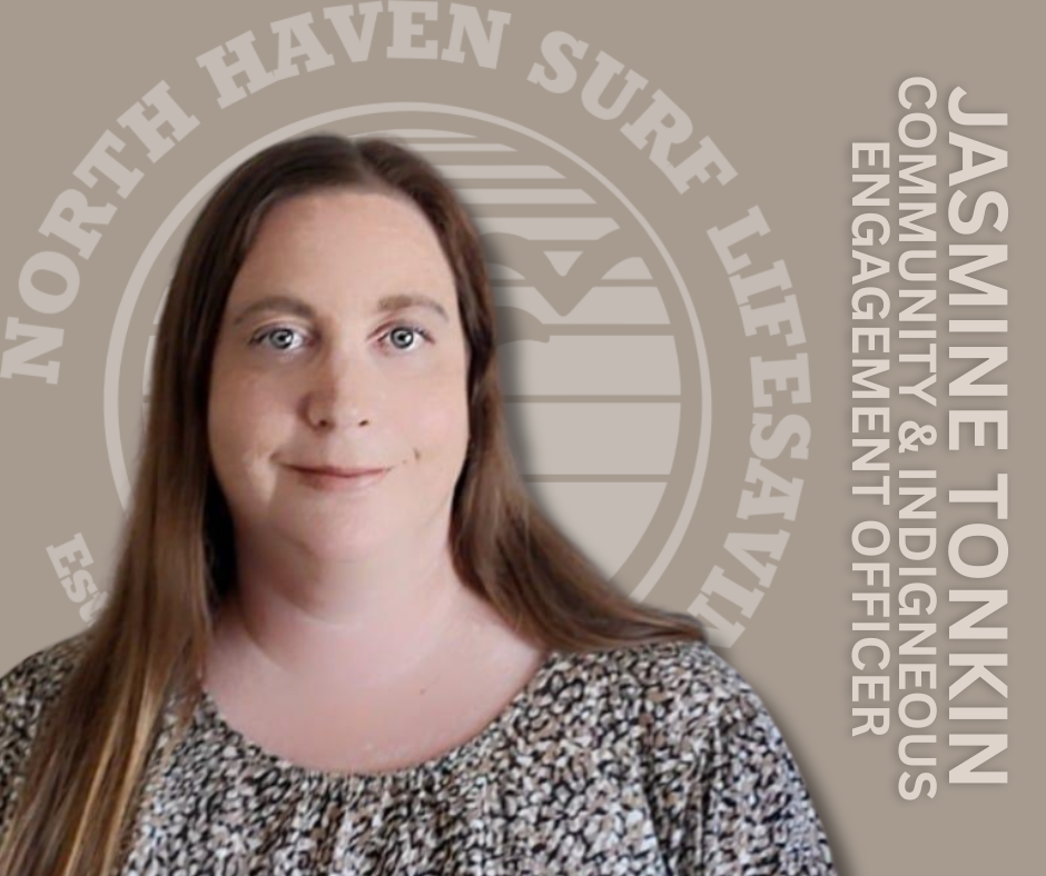 Portrait of Jasmine Tønkin, Communications & Indigenous Engagement Officer, in front of a background with North Haven Sur Fisheries logo and text.