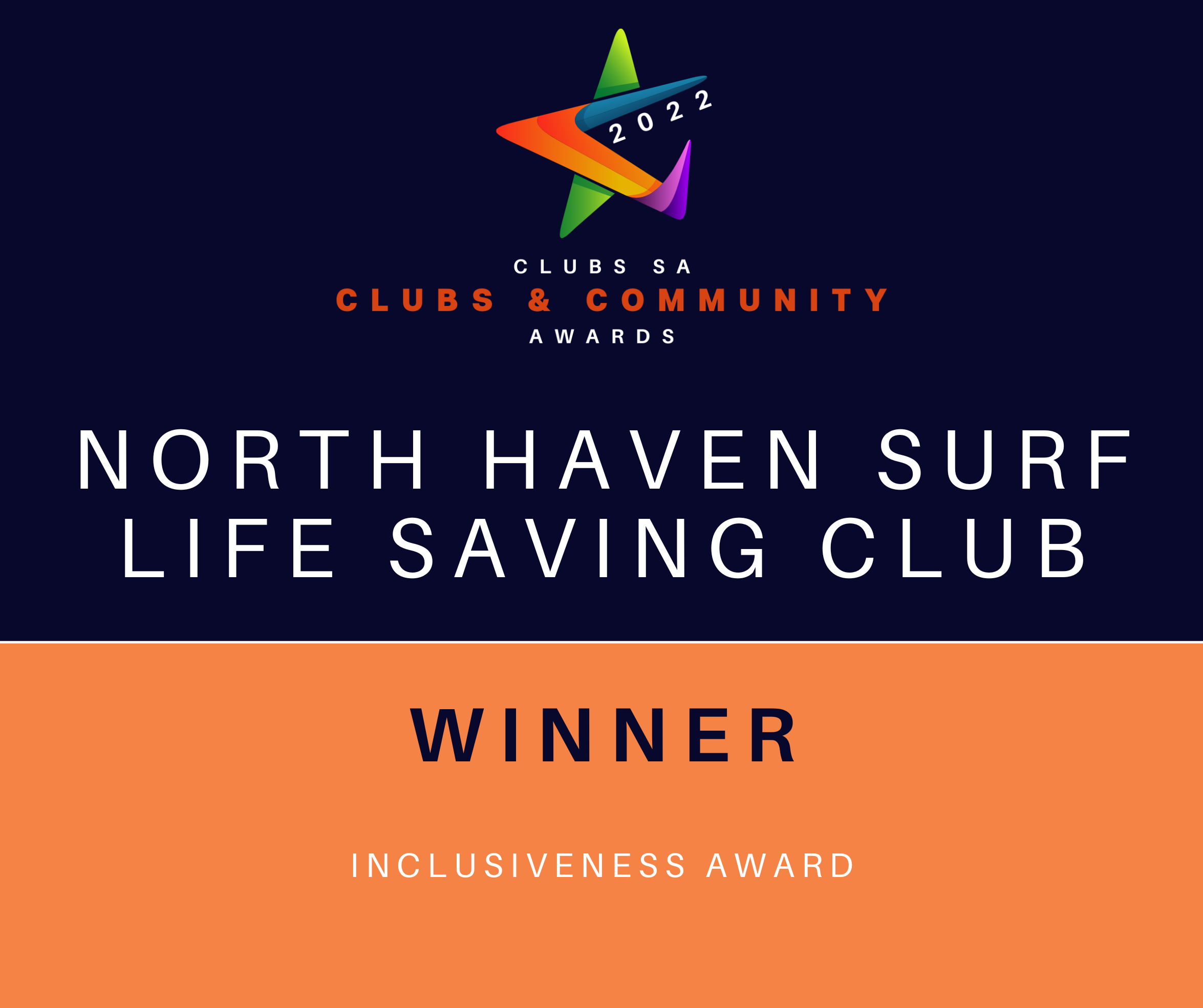 Award certificate for North Haven Surf Life Saving Club, winner of the Inclusiveness Award at the 2022 Clubs & Community Awards, with a colorful star logo at the top.