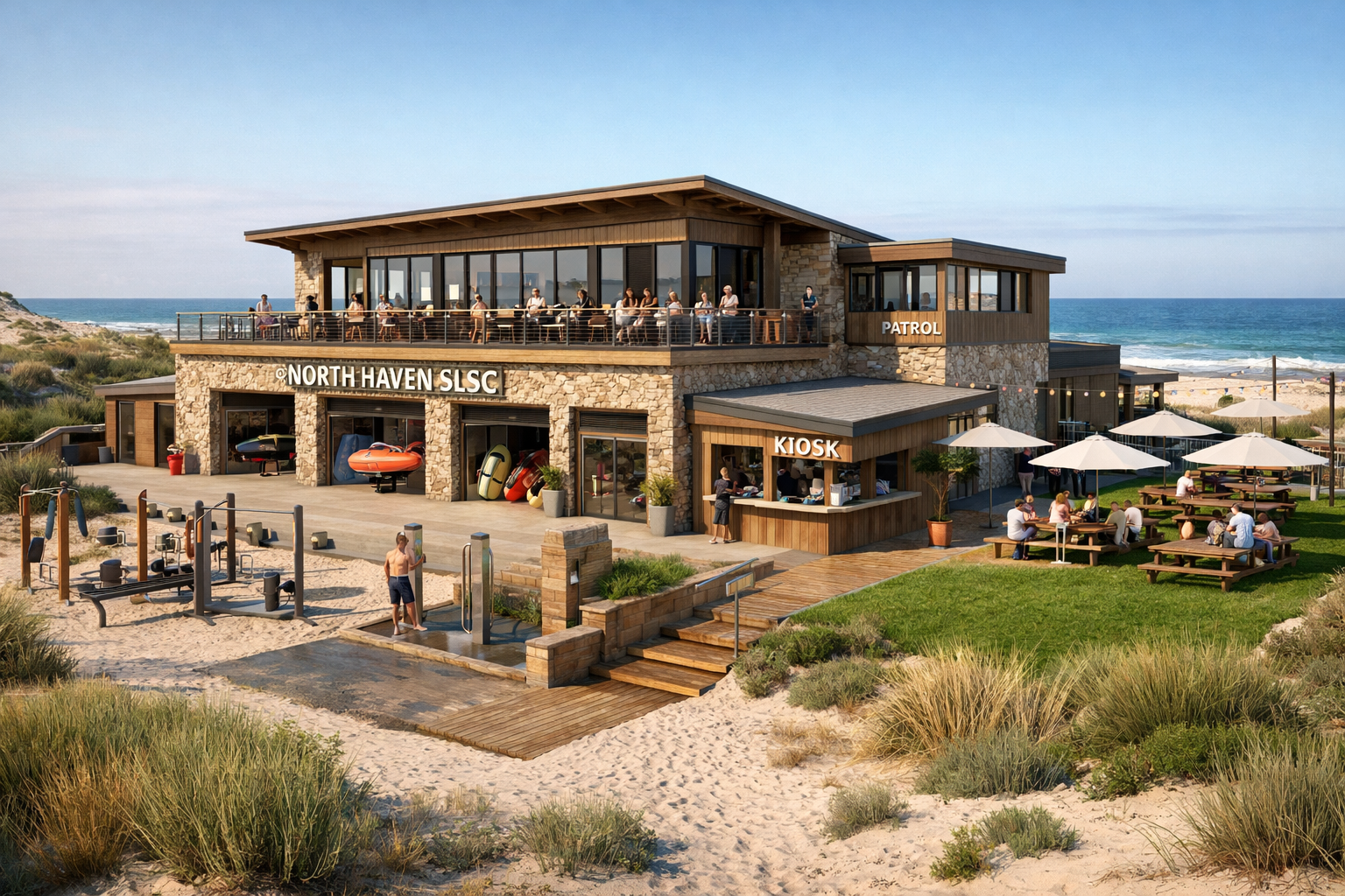 Beachside restaurant and activity center with outdoor seating, paddleboards, kayaks, and fitness equipment, overlooking the ocean.
