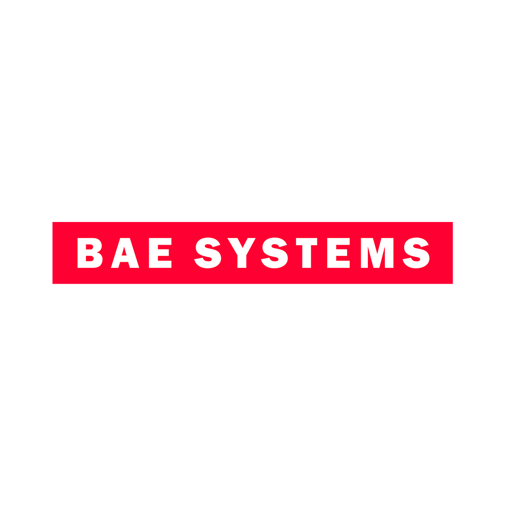 BAE Systems logo with white text on a red background, centered on a white circular background.
