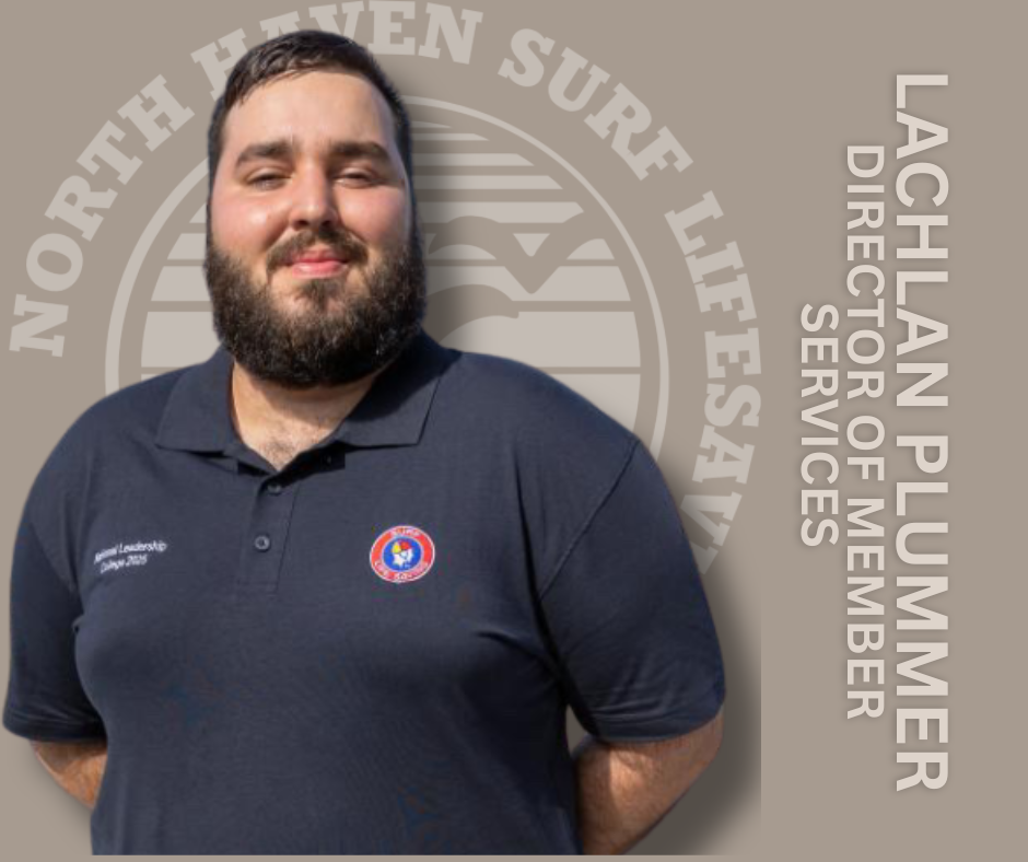 A man with a beard, wearing a navy polo shirt with a logo, standing in front of a beige background with a logo and the text 'North Haven Surf Life Saving' and 'Lachlan Plummer Director of Member Services'.