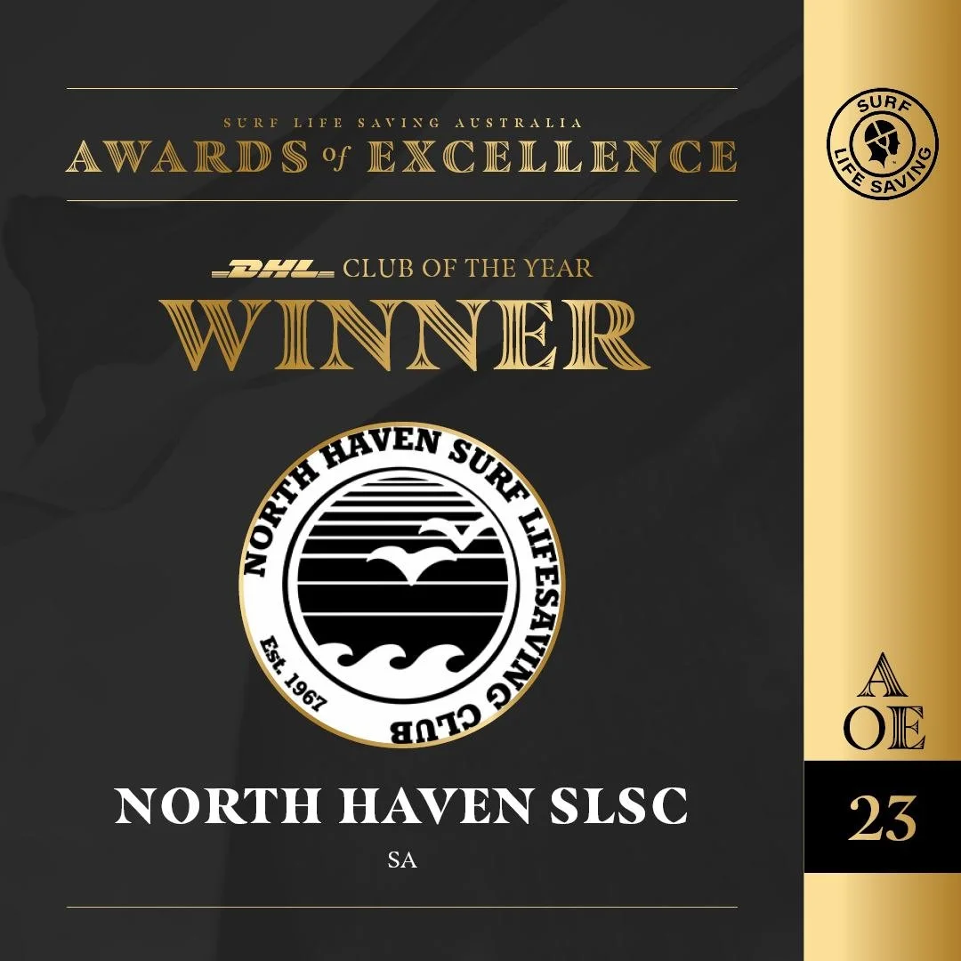 Award certificate for North Haven Surf Life Saving Club, recognizing it as the 'DHL Club of the Year' and 'Winner' in the Surf Life Saving Australia Awards of Excellence, with a gold and black color theme and a logo featuring a seagull, waves, and the establishment date 1967.