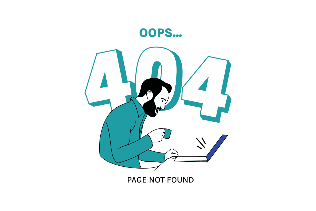 An illustration of a man with a beard looking surprised or confused while holding a mug in one hand and a laptop in front of him. Large numbers '404' and the text 'Oops...' are displayed above him, indicating a website error message.