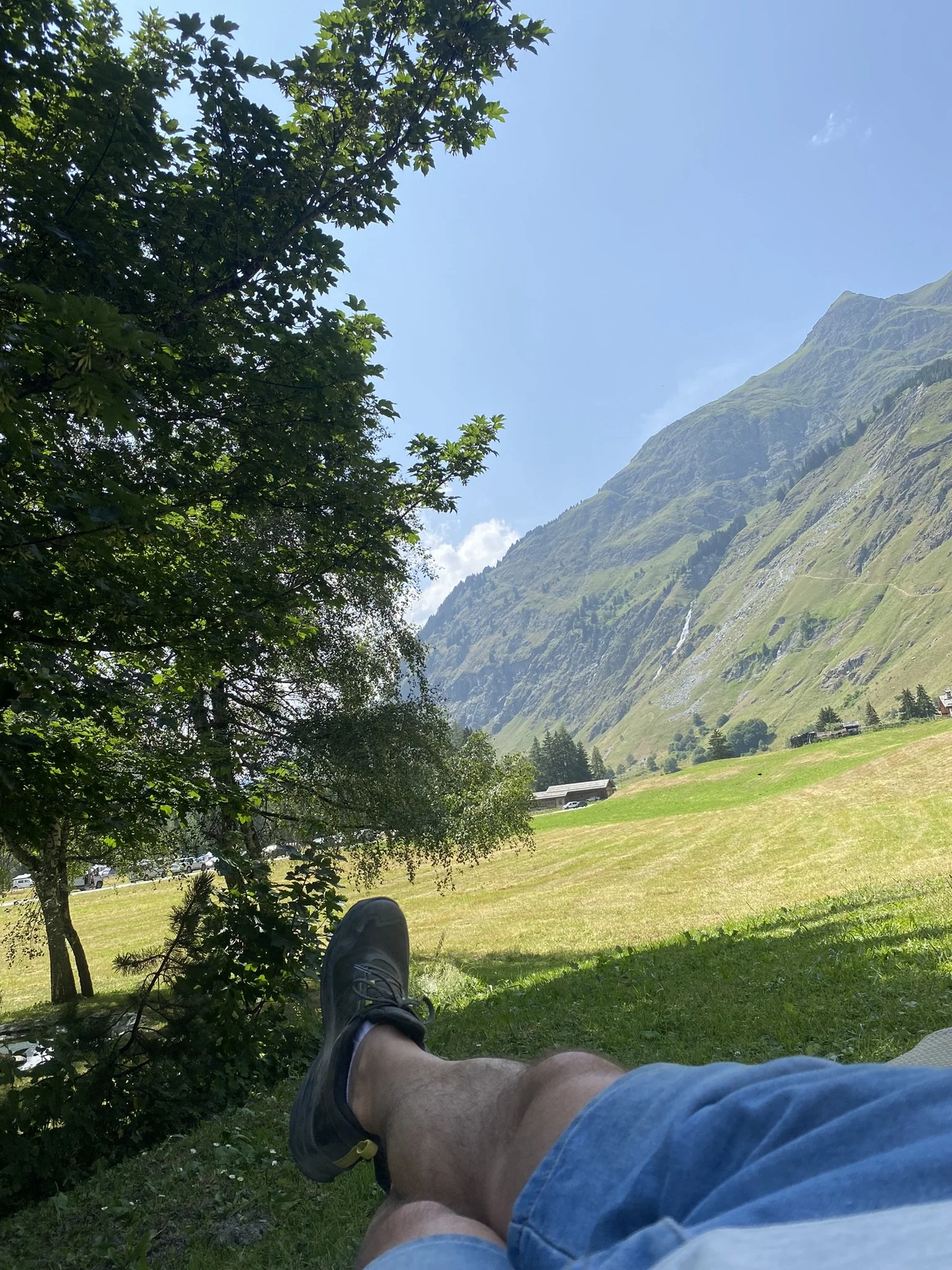 Paysage de montagne avec des collines verdoyantes, un arbre et un ciel bleu clair. La photo montre une personne allongée au sol avec une jambe en vue, portant un short et une chaussure de sport, profitant du paysage.