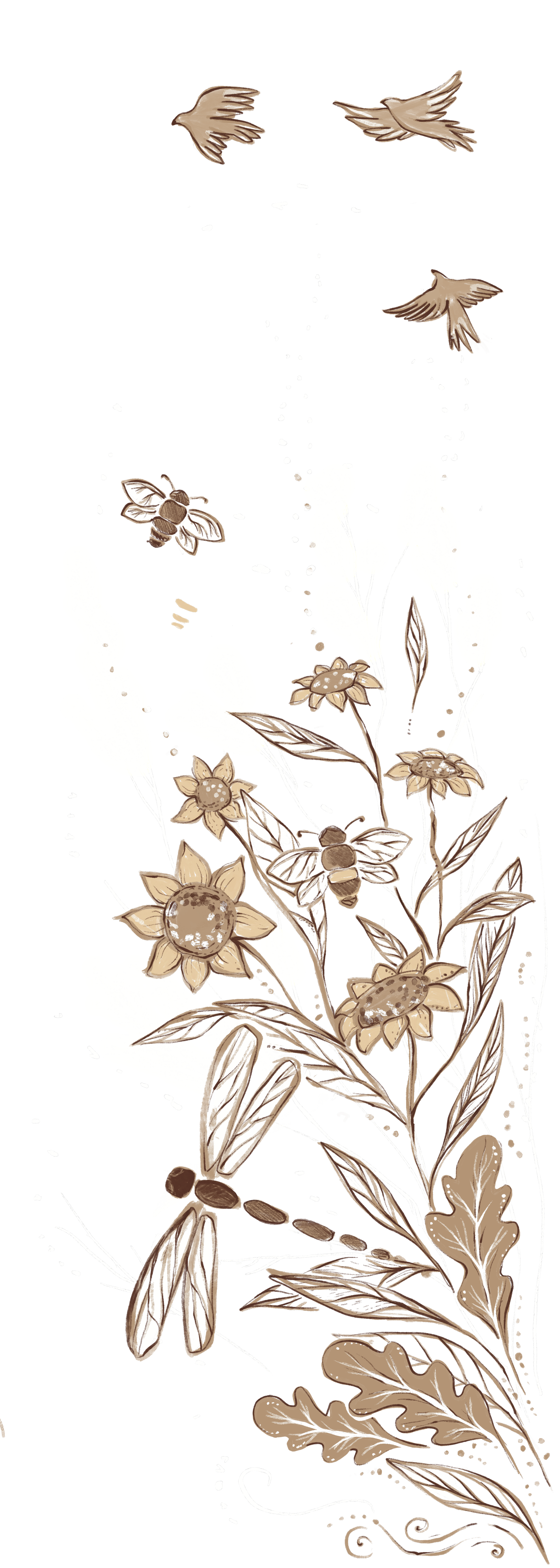Illustration de fleurs, avec des abeilles et des oiseaux volant autour, sur un fond noir, avec des accents de jaune lumineux.