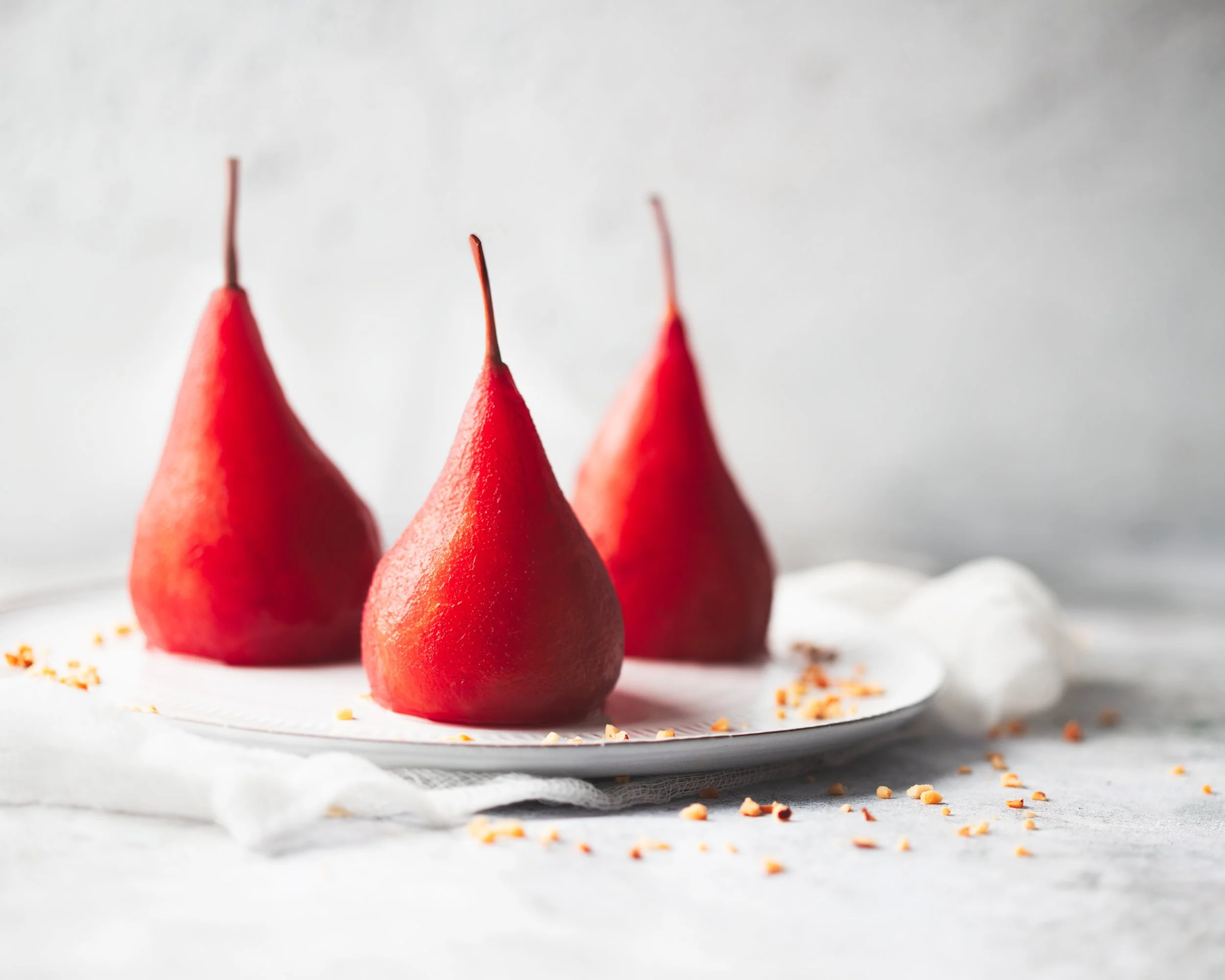 this image features poached pears, sweet, macro, ingredient, produce, detailed, food
