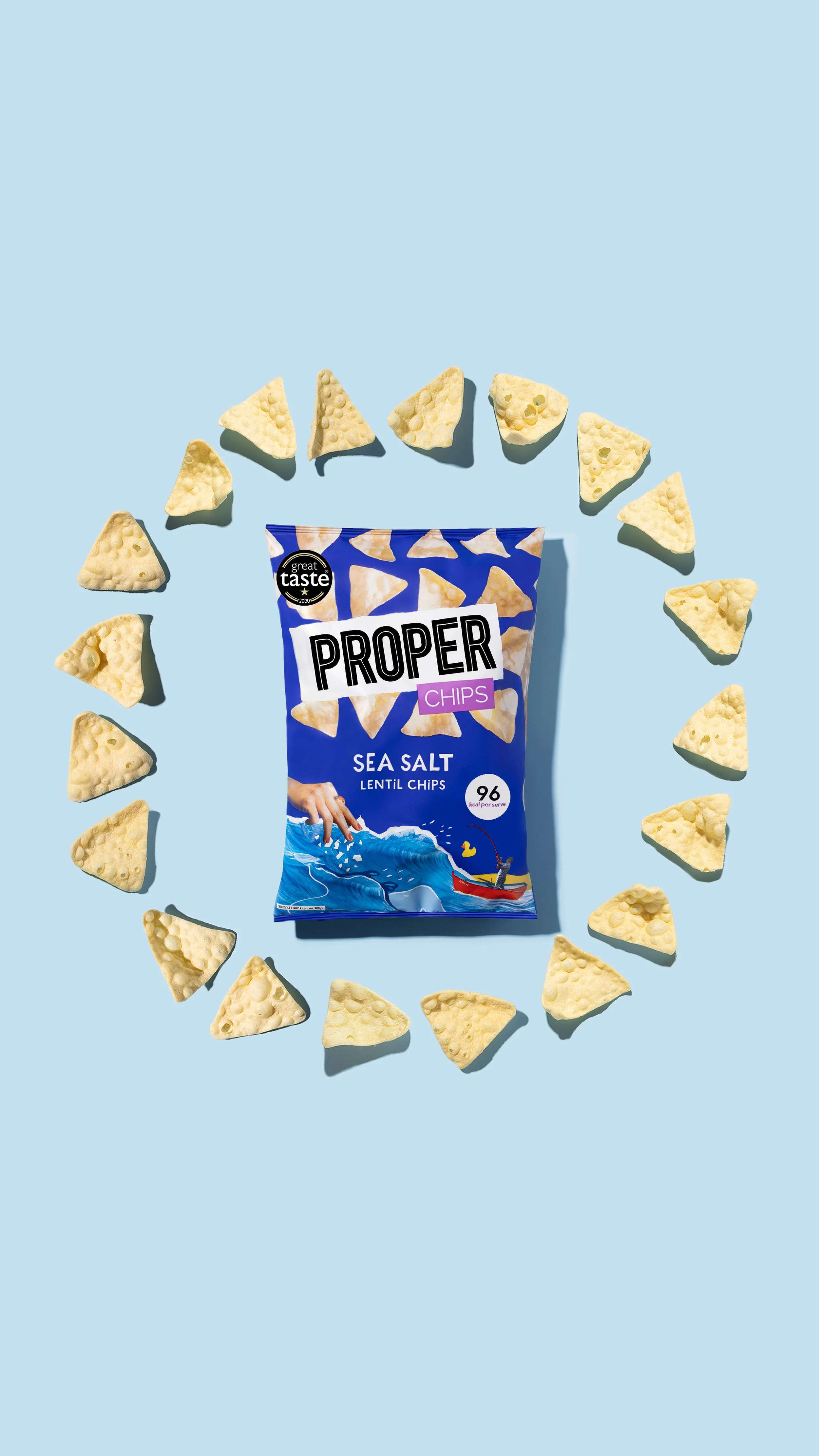 This image is of Propercorn with crisps surrounding packet, blue background