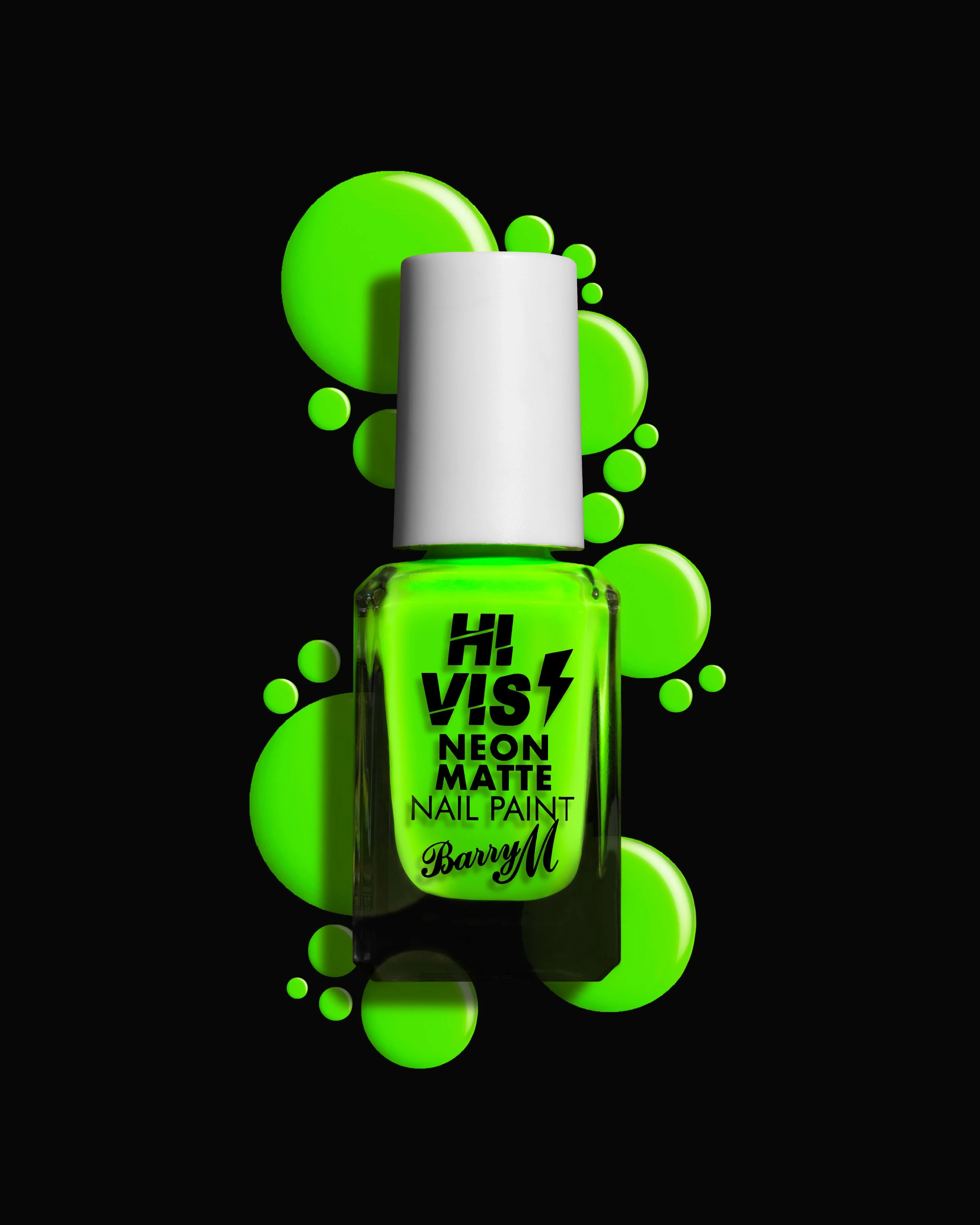 London Photographer & Retoucher, Lizzy Clough: Beauty photography of Barry M Nail Varnish Neon Green, against a black background, with texture swatches showing its vibrant colour