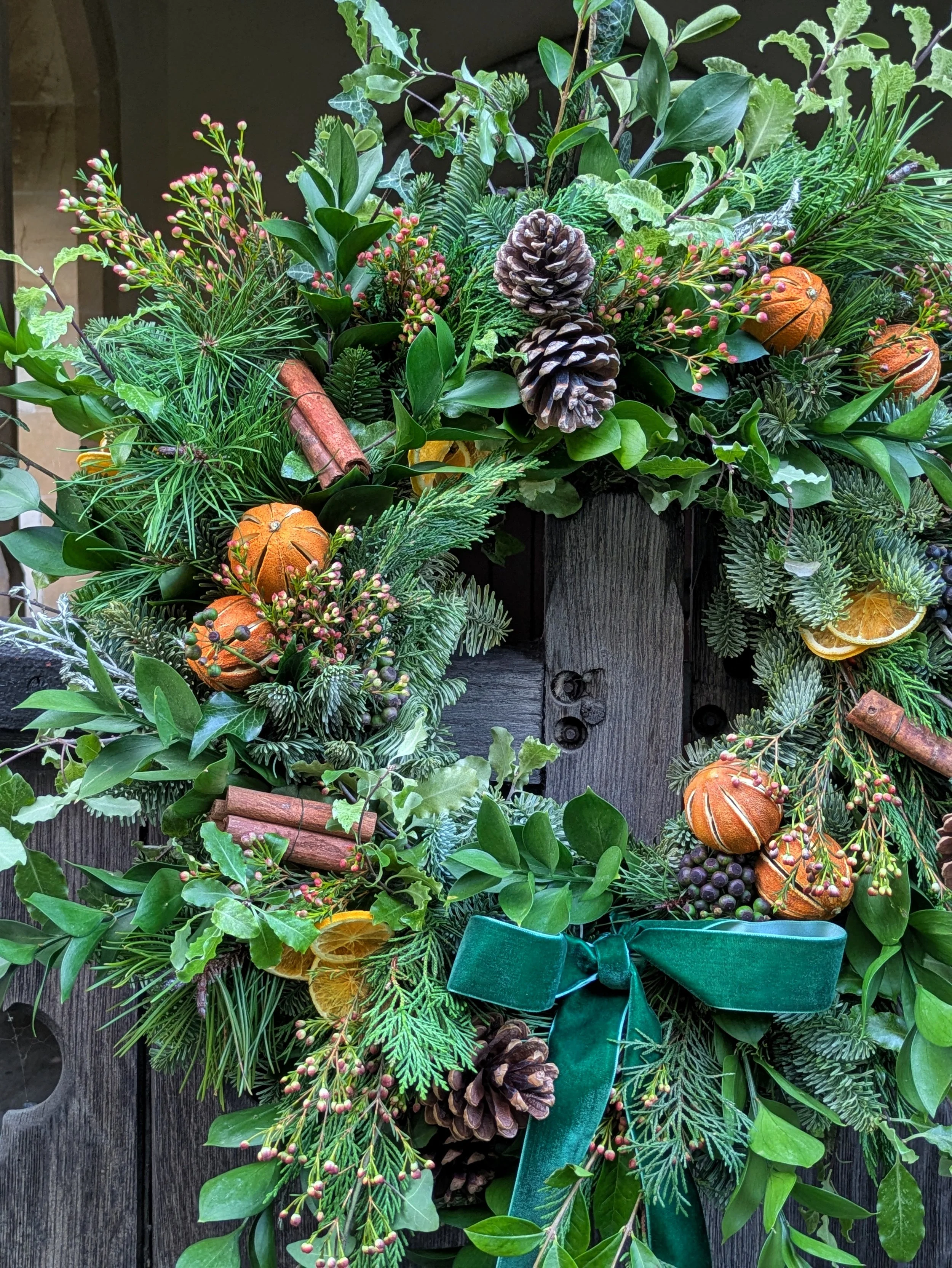 Christmas Wreath - Dried citrus, pinecones and fresh foliage - Festive Wreath - Velvet Ribbon - An elegant but classic addition to your front door.