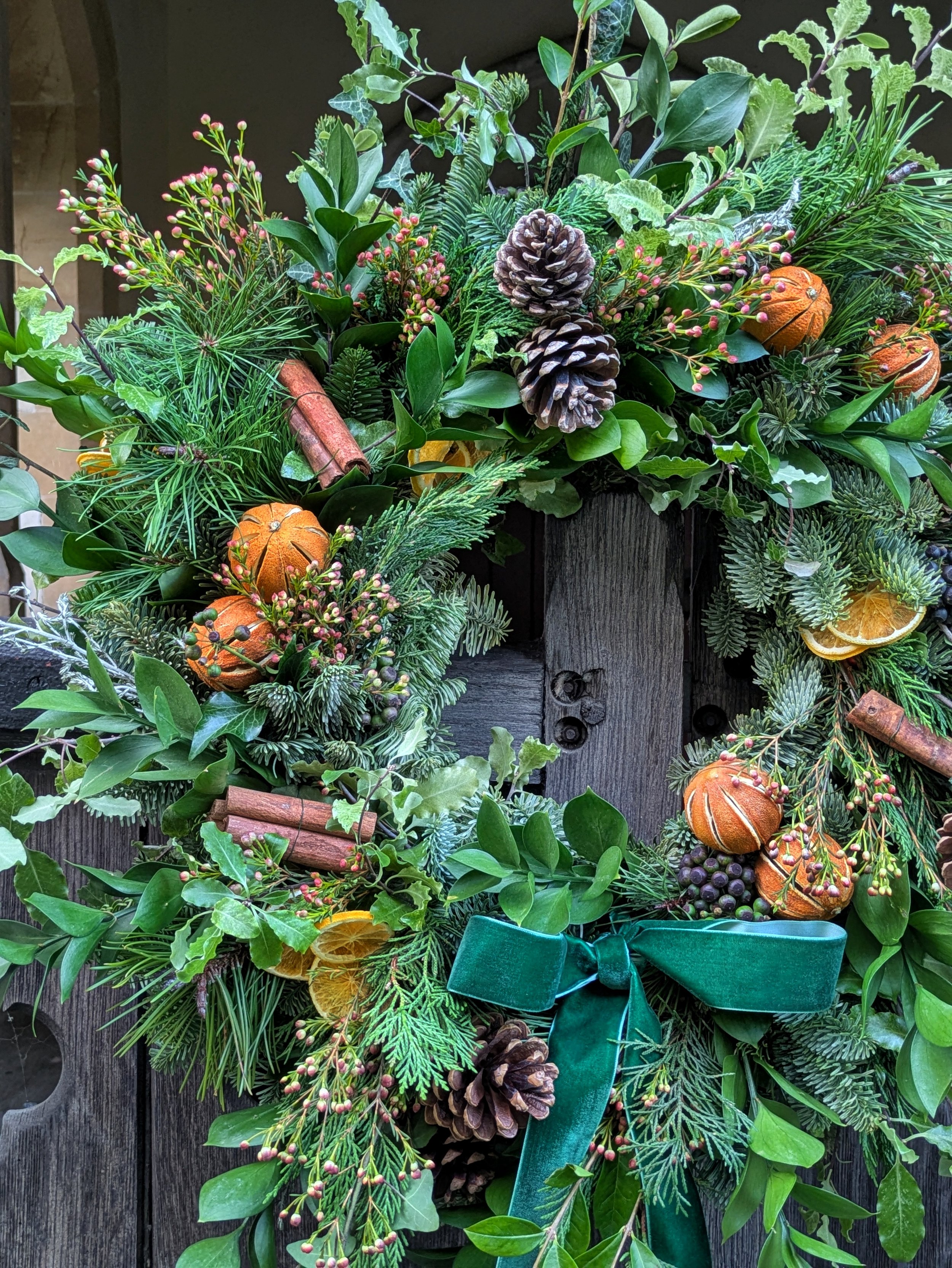 Christmas Wreath - Dried citrus, pinecones and fresh foliage - Festive Wreath - Velvet Ribbon - An elegant but classic addition to your front door.